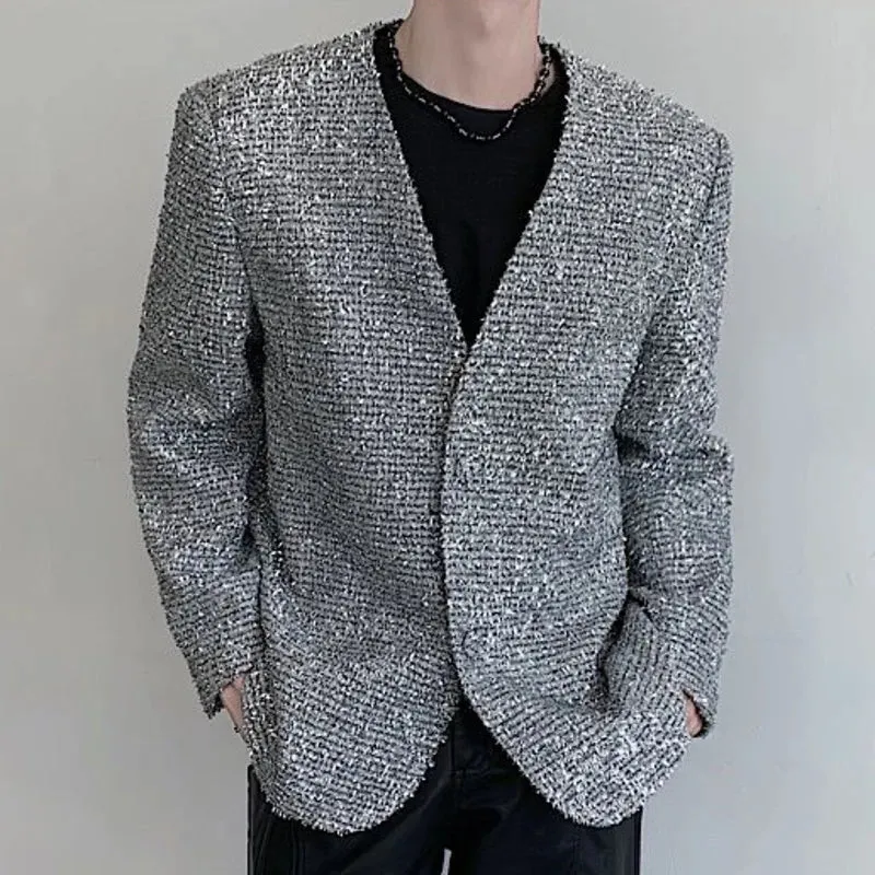 Men's Coat Loose Casual Versatile Collarless Leather Jacket Sparkling Silver Fashion Long Sleeve Male Tops 9C5089