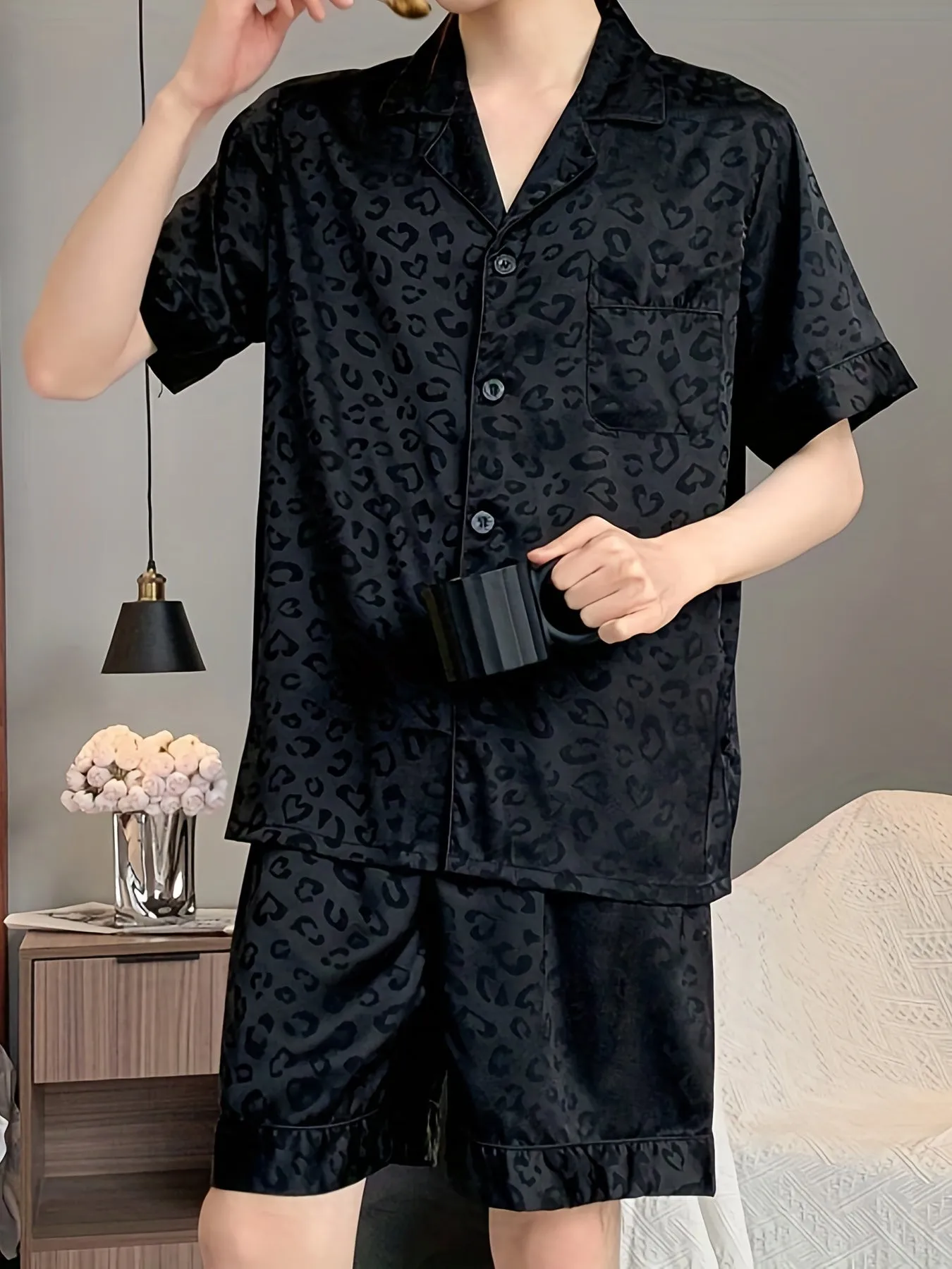 Men's Ice Silk Cool Pajamas Set For Summer, Thin Short Sleeve Leaves Flower Animal Print Graphic Button Pocket Shirt Top & Shorts Pants Bottom, Casual Fashion Cardigan Men's Loungewear Sleepwear Homewear Set