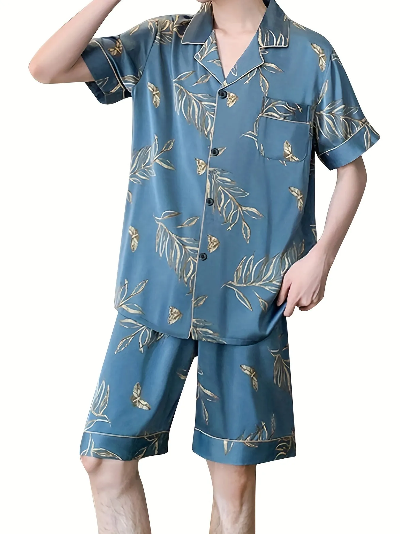 Men's Ice Silk Cool Pajamas Set For Summer, Thin Short Sleeve Leaves Flower Animal Print Graphic Button Pocket Shirt Top & Shorts Pants Bottom, Casual Fashion Cardigan Men's Loungewear Sleepwear Homewear Set