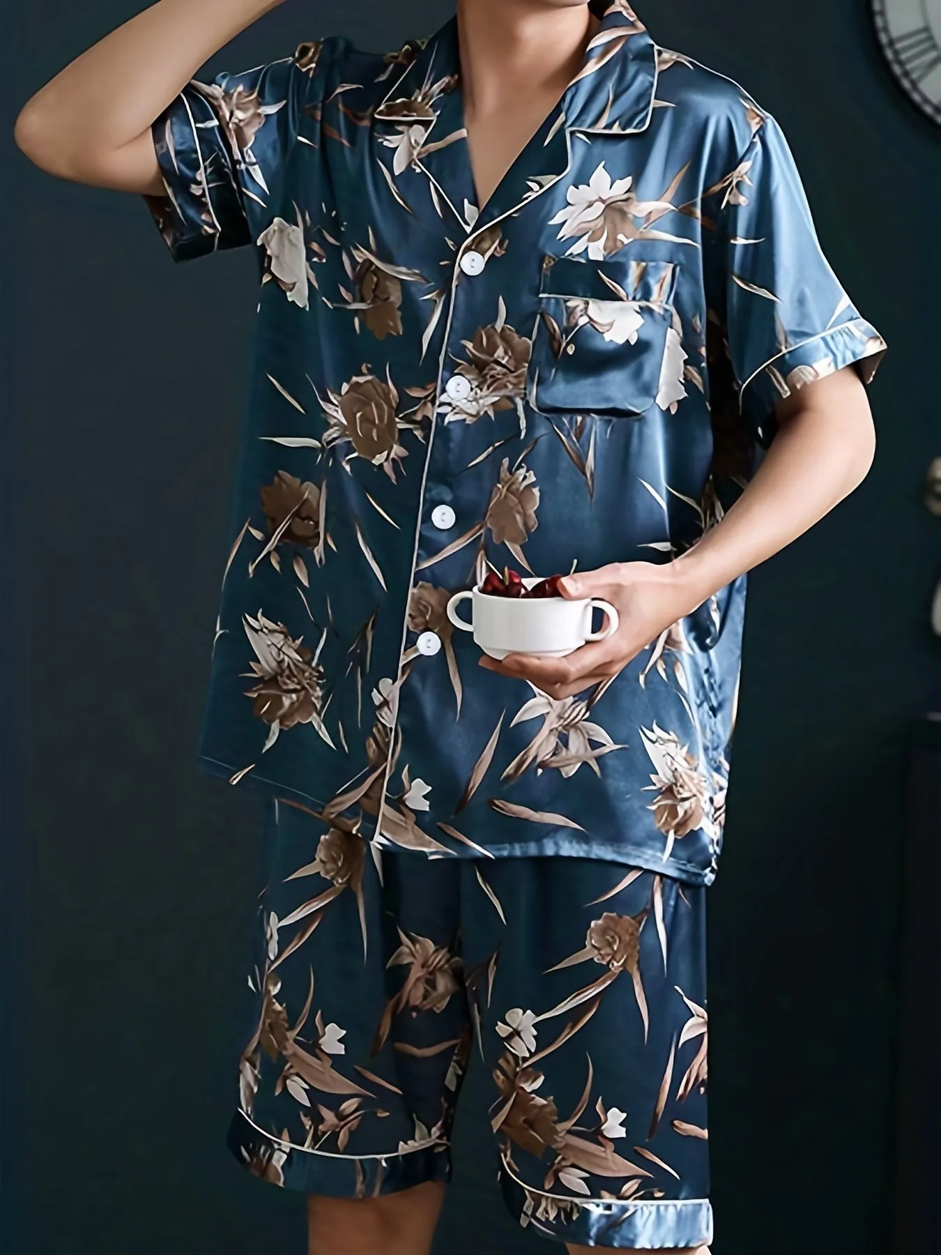 Men's Ice Silk Cool Pajamas Set For Summer, Thin Short Sleeve Leaves Flower Animal Print Graphic Button Pocket Shirt Top & Shorts Pants Bottom, Casual Fashion Cardigan Men's Loungewear Sleepwear Homewear Set