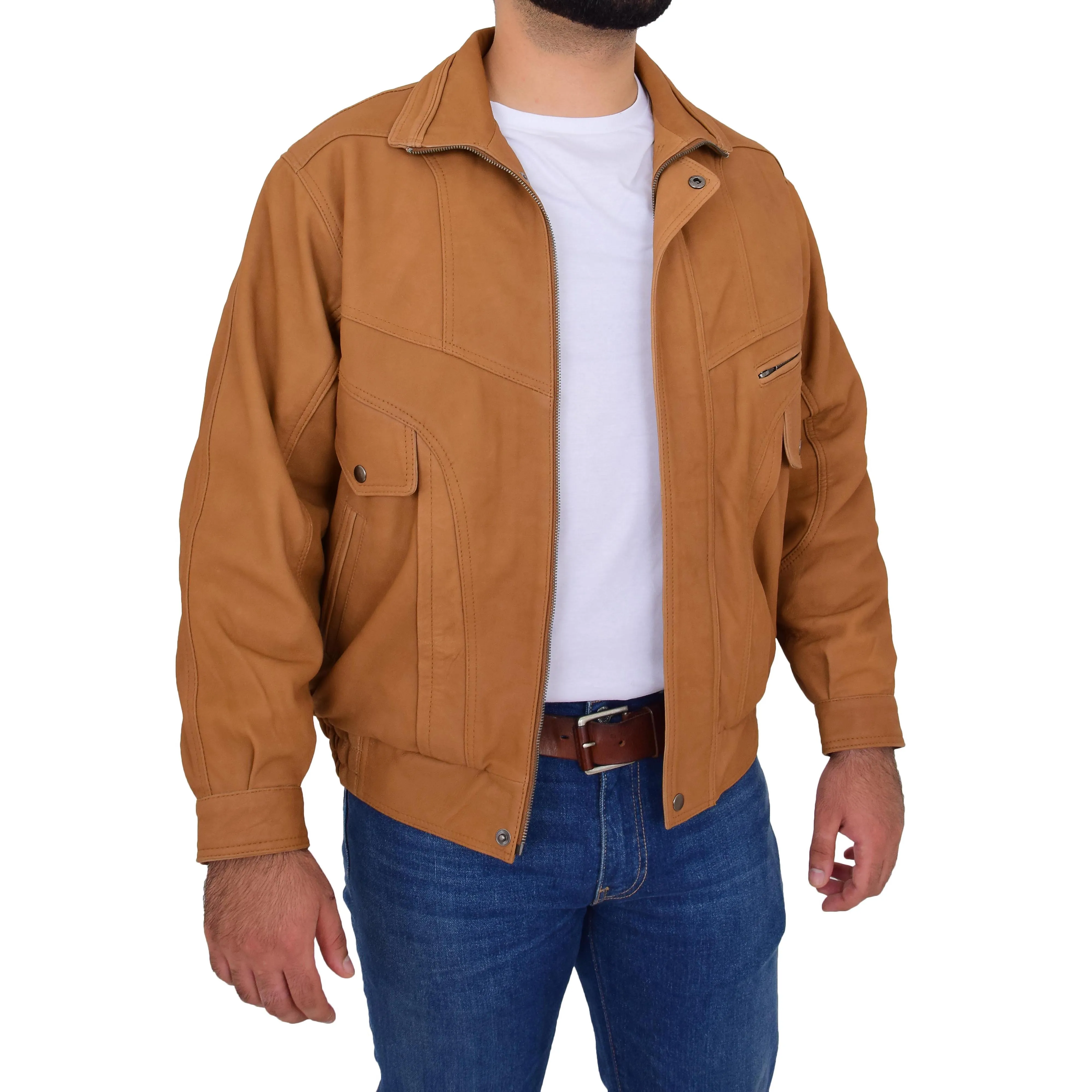 Mens Soft Nubuck Leather Blouson Jacket Classic Bomber Peter Tan