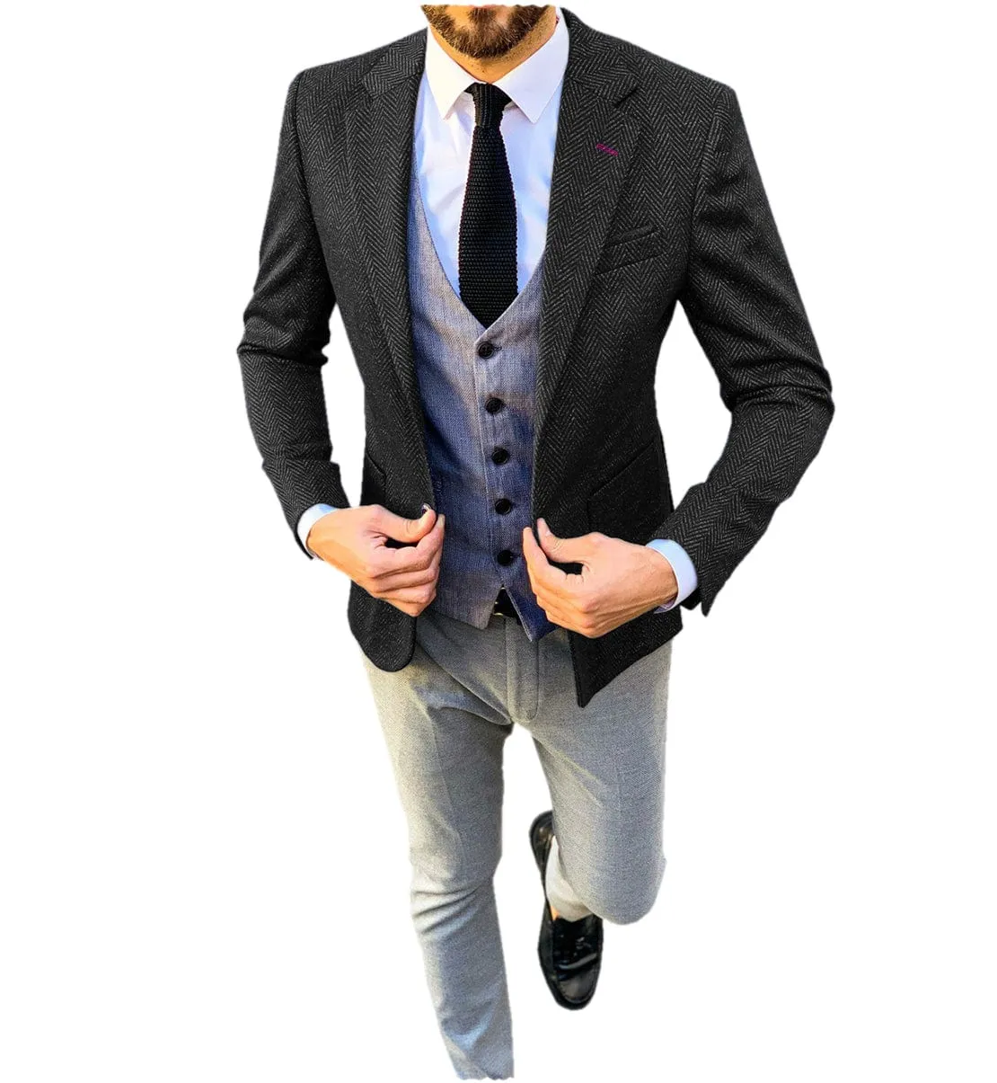 Mens Tweed Herringbone Suits Formal Regular Fit Wedding Groom Blazer