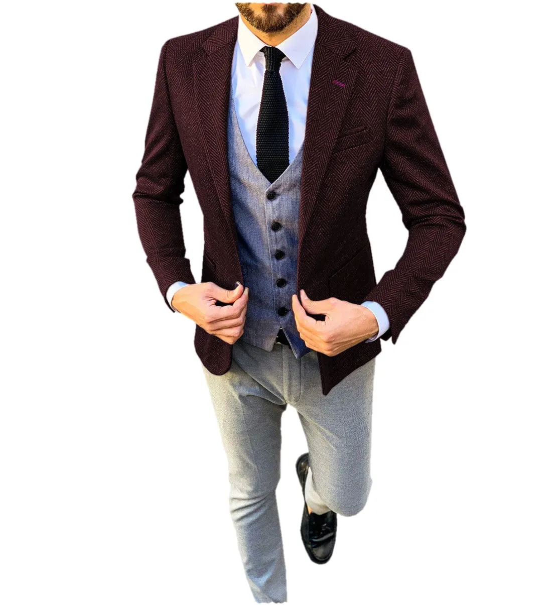 Mens Tweed Herringbone Suits Formal Regular Fit Wedding Groom Blazer