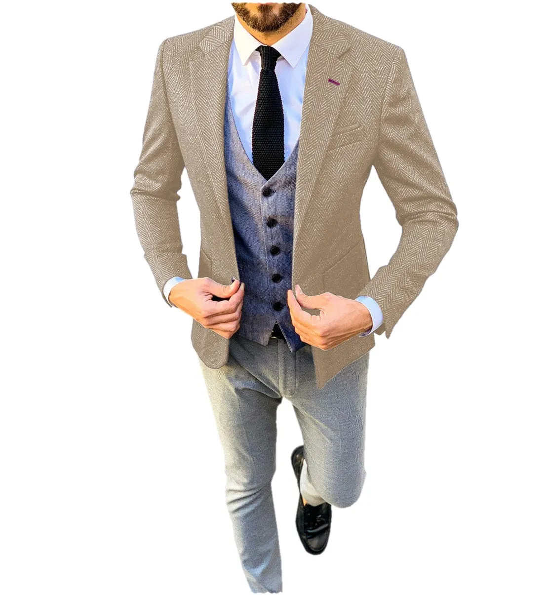 Mens Tweed Herringbone Suits Formal Regular Fit Wedding Groom Blazer