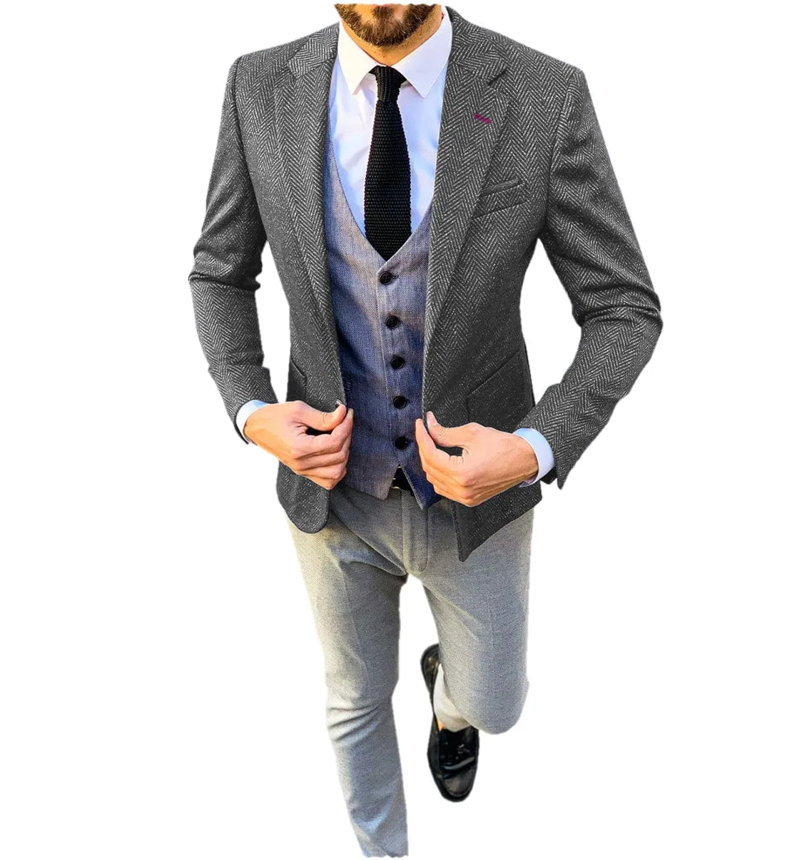 Mens Tweed Herringbone Suits Formal Regular Fit Wedding Groom Blazer