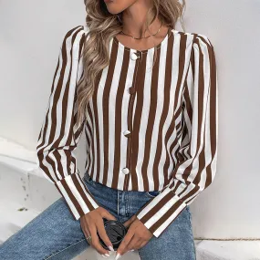 METAVERSMALL foreign trade women's clothing New summer 2025 V-neck single-breasted cardigan striped contrasting color long-sleeved women's shirt