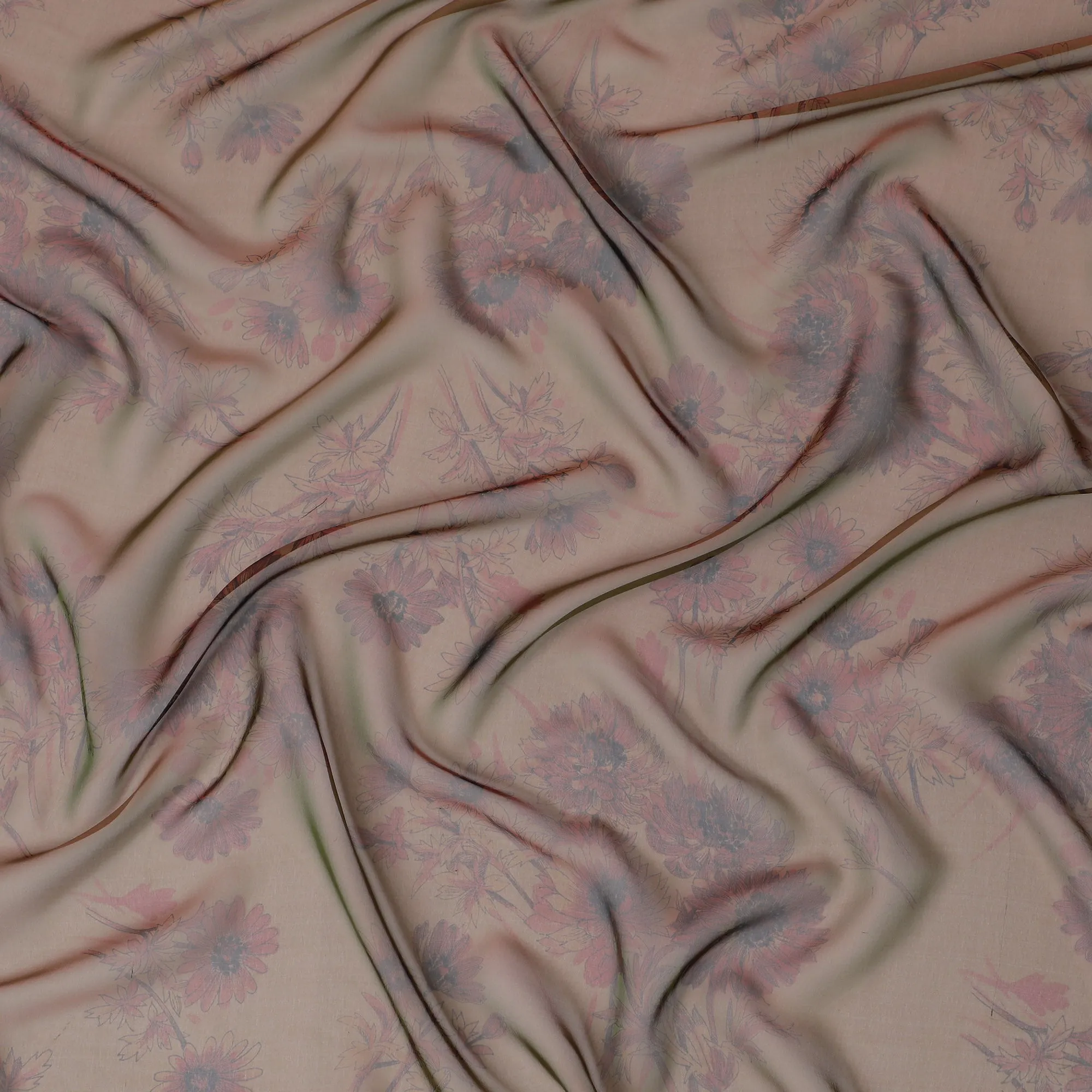 Muted Pink and Green Floral Pure Silk Chiffon Fabric, 110 cms, South Korea-D19882