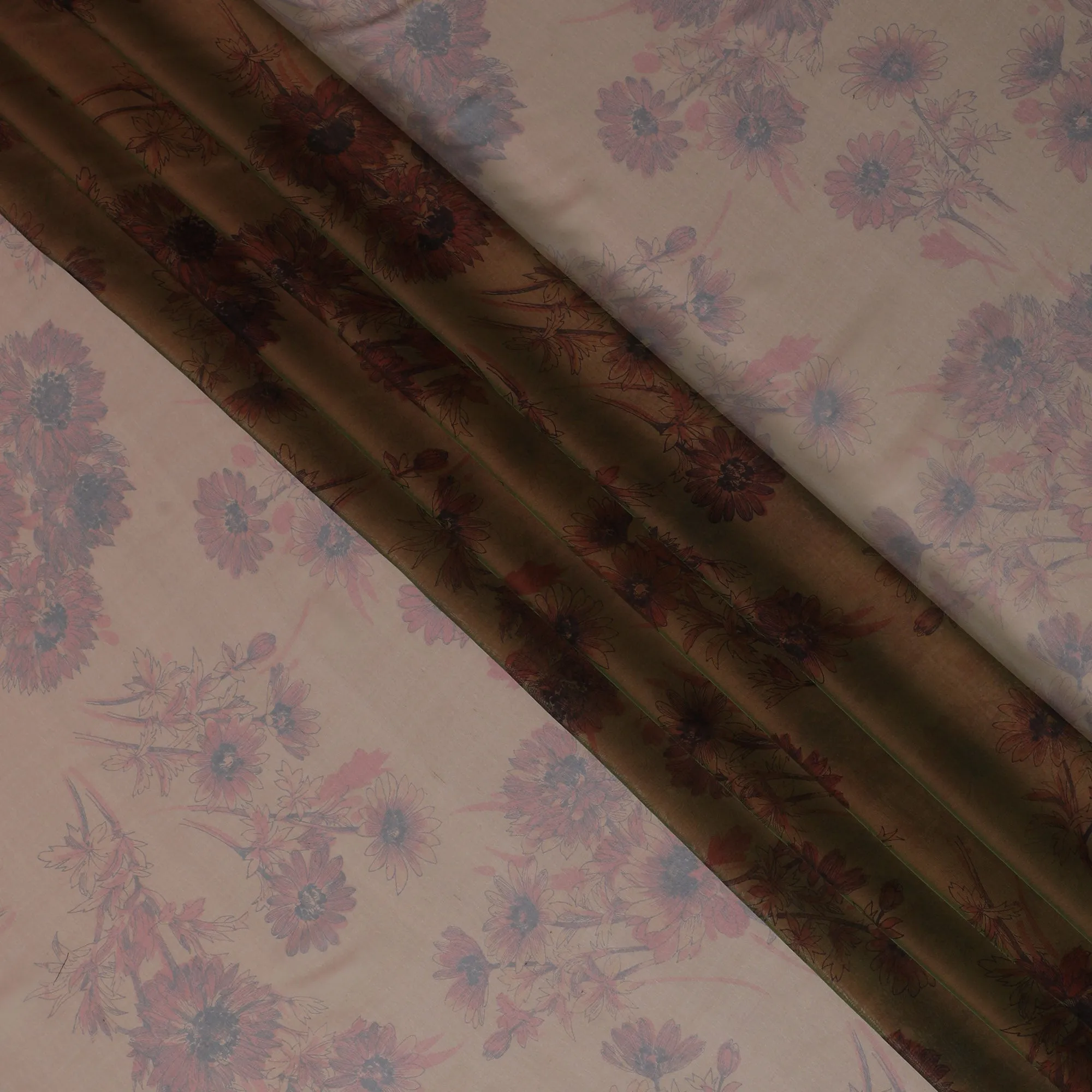 Muted Pink and Green Floral Pure Silk Chiffon Fabric, 110 cms, South Korea-D19882