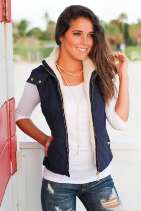 Navy Quilted Vest with Fur Collar