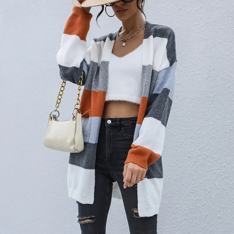 New Casual Knitted Cardigan with Color Block Long Sleeve Sweater Coat