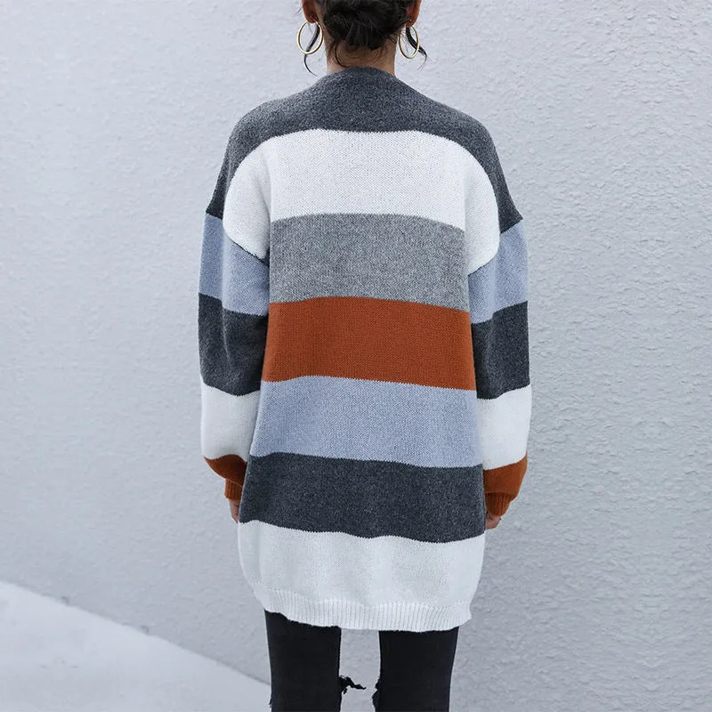 New Casual Knitted Cardigan with Color Block Long Sleeve Sweater Coat