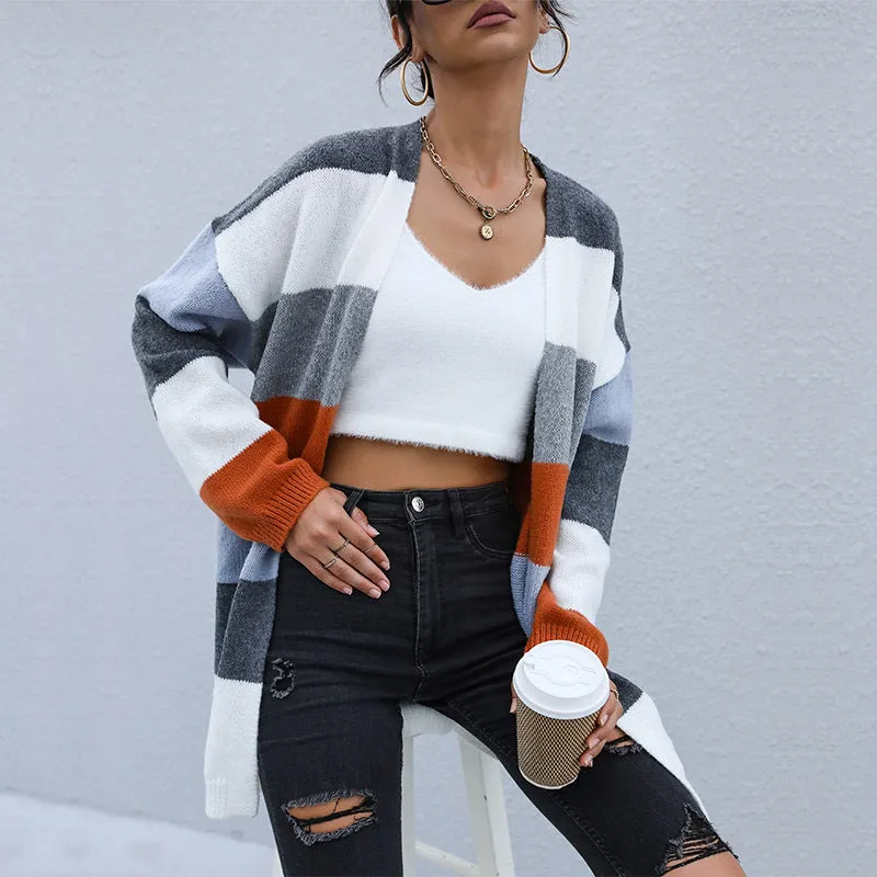 New Casual Knitted Cardigan with Color Block Long Sleeve Sweater Coat