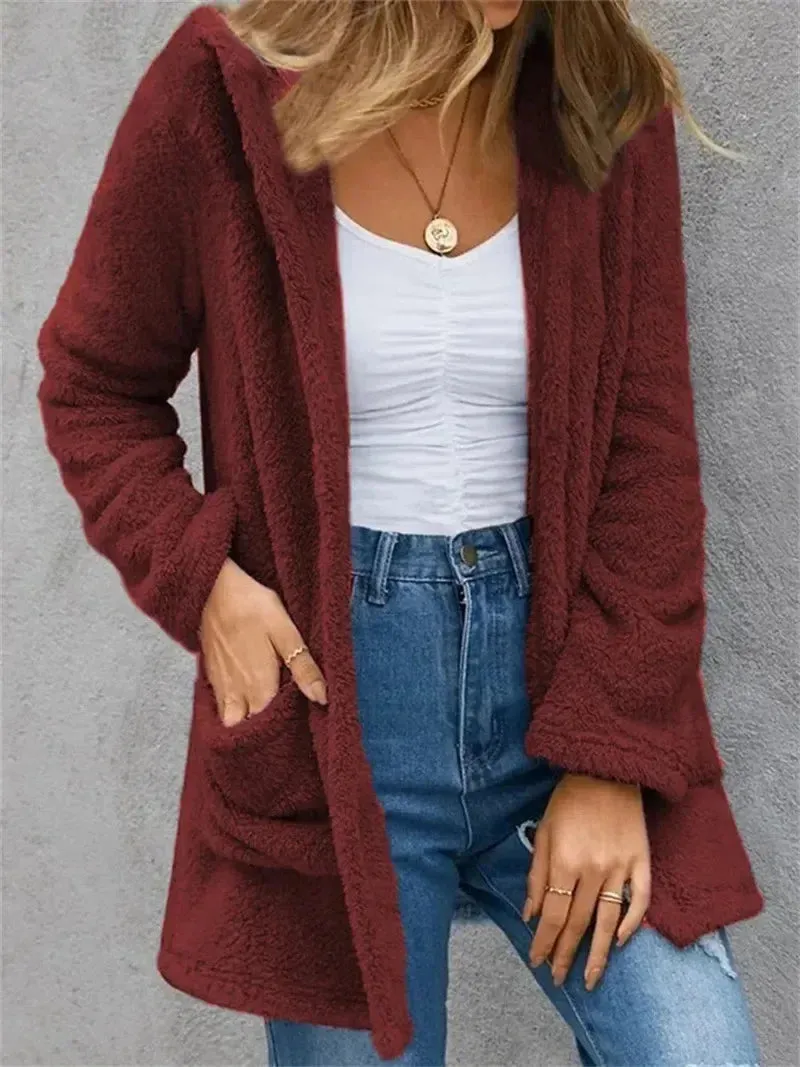 New Women Clothing Solid Fleece Cardigan Pocket Casual Elegant Loose Fit Warm Fashion Vintage Coat