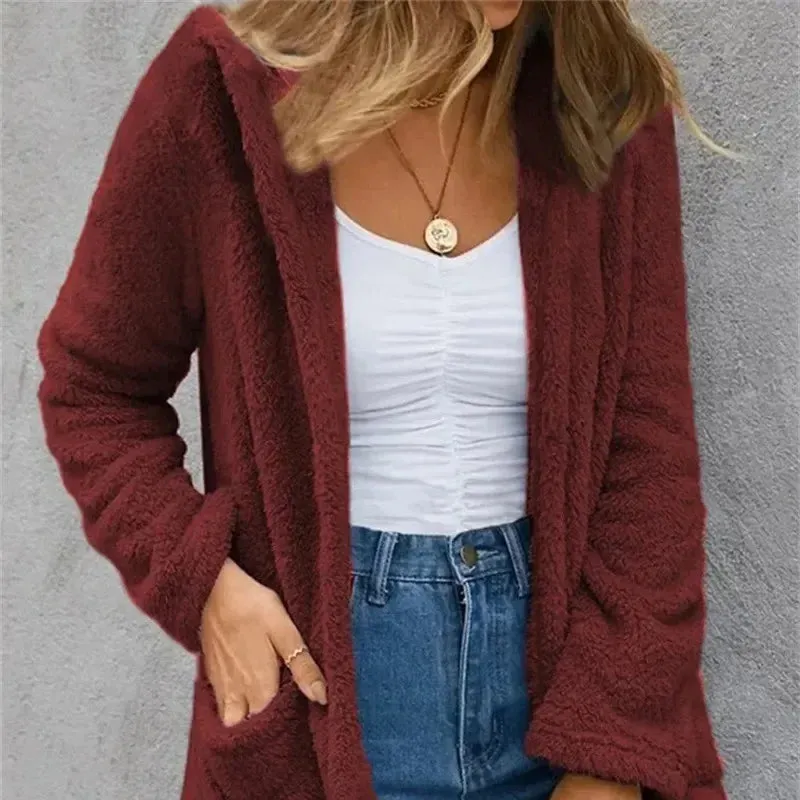 New Women Clothing Solid Fleece Cardigan Pocket Casual Elegant Loose Fit Warm Fashion Vintage Coat