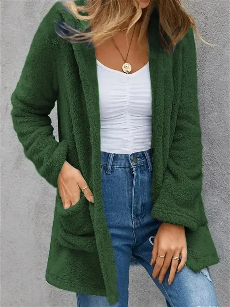 New Women Clothing Solid Fleece Cardigan Pocket Casual Elegant Loose Fit Warm Fashion Vintage Coat