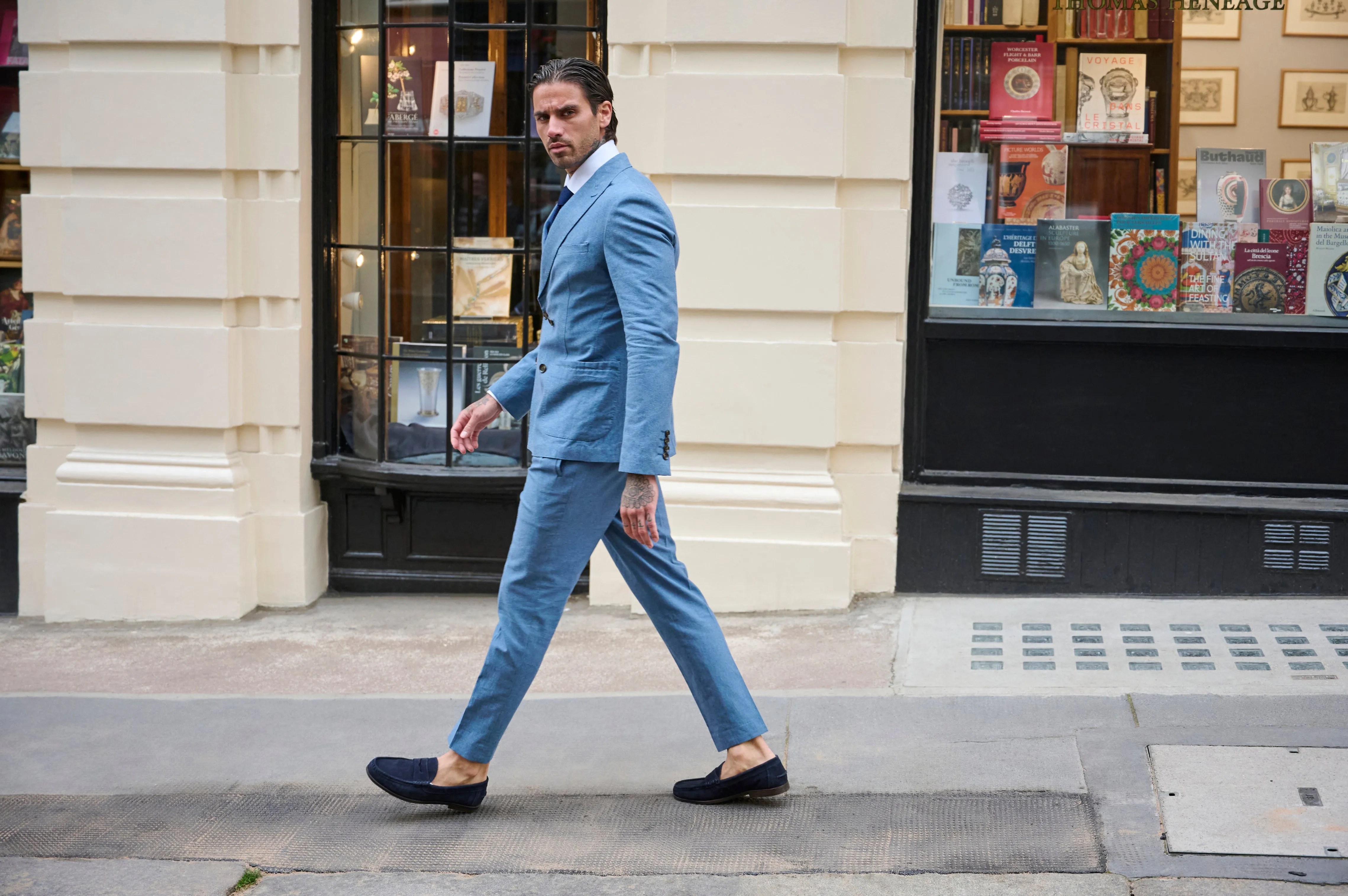 Oliver Slim Fit Linen Cotton Blend Double Breasted Suit Blazer in Mid Blue