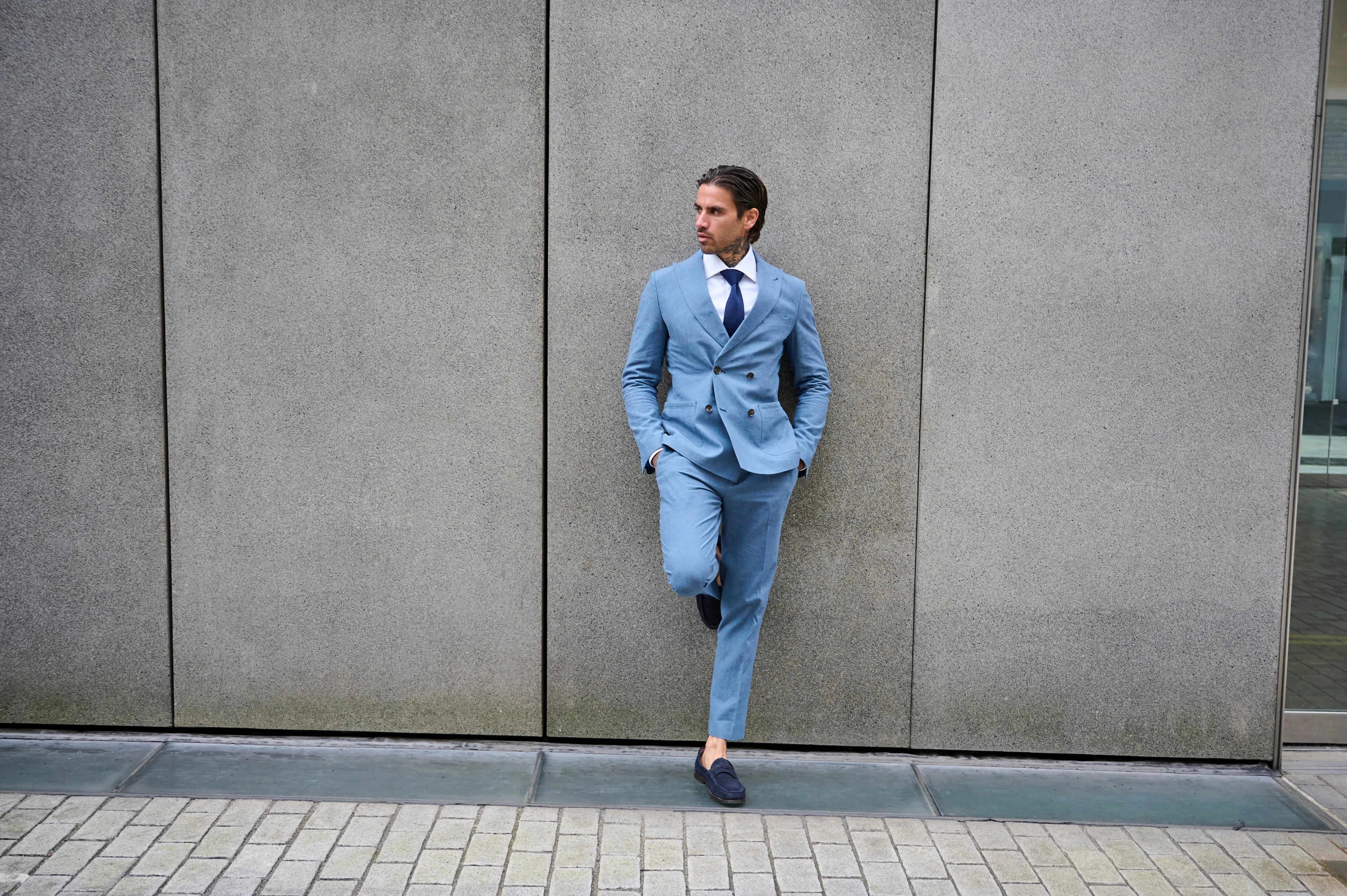 Oliver Slim Fit Linen Cotton Blend Double Breasted Suit Blazer in Mid Blue