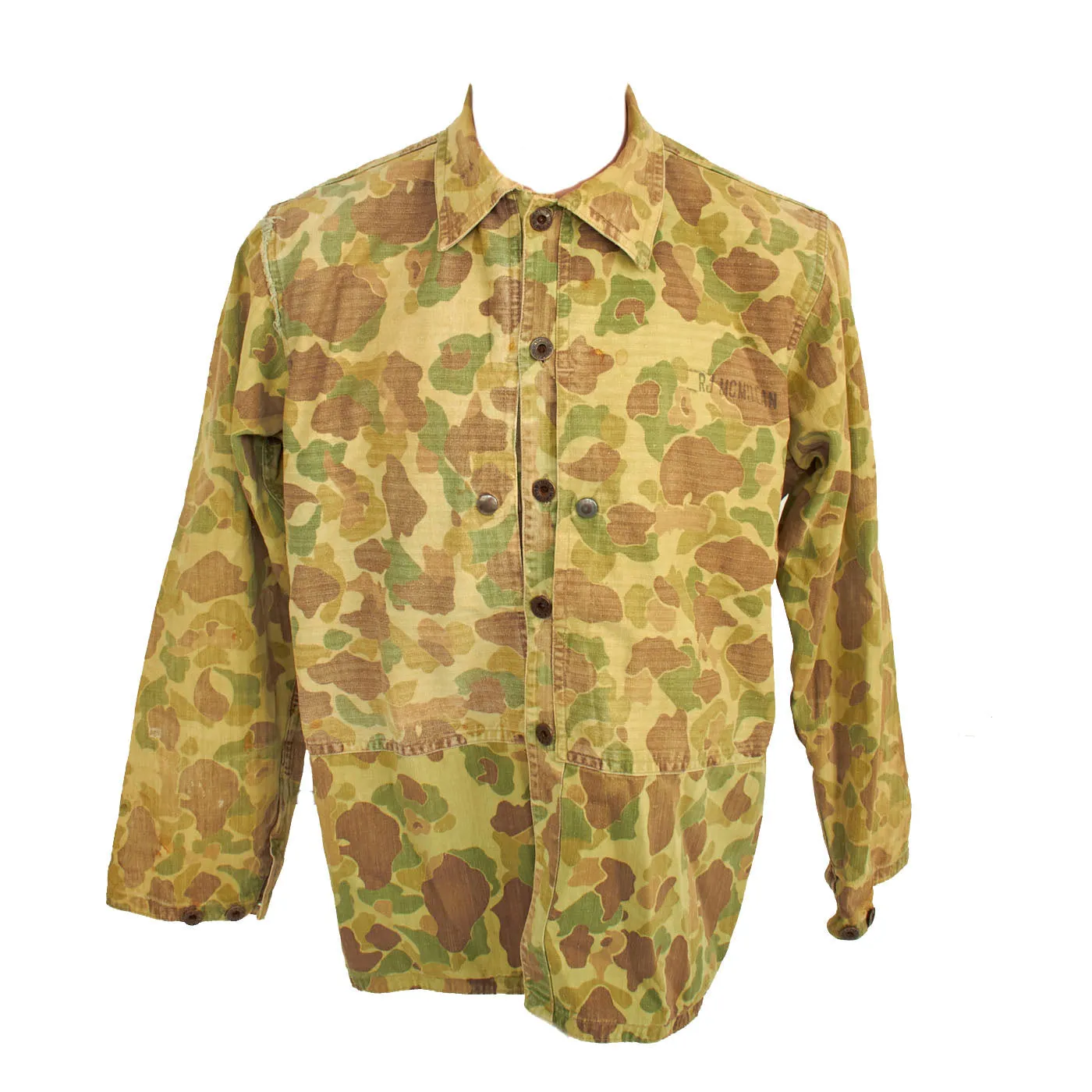 Original U.S. WWII USMC Named P44 Camouflage Pattern 1944 Utility Uniform Coat & Trousers - With Pistol Belt and Suspenders