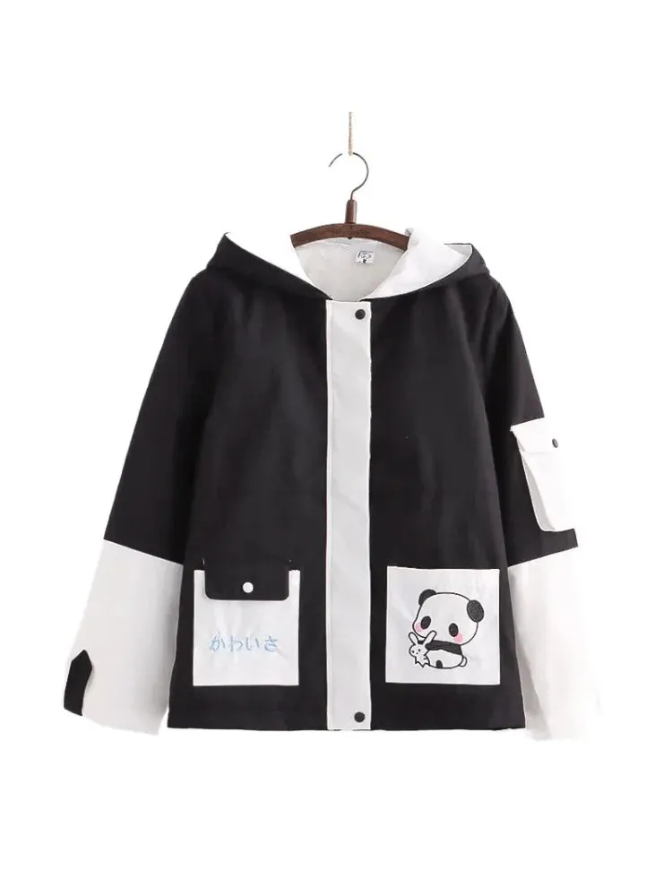 Panda Print Kawaii Women Hooded Quilted Coats Winter Long Sleeve Pocket Sweet Ladies Harajuku Cotton Liner Jackets Outwears