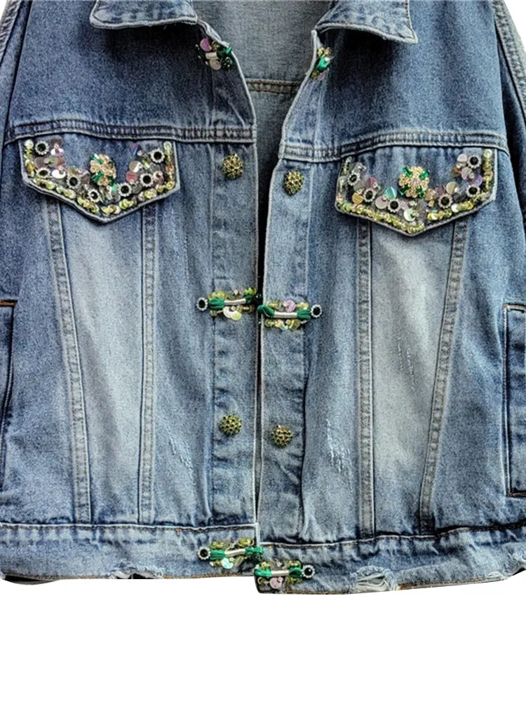 Patchwork Bead Temperament Denim Jackets For Women Lapel Long Sleeve Loose Vintage Designer Jacket Female Fashion