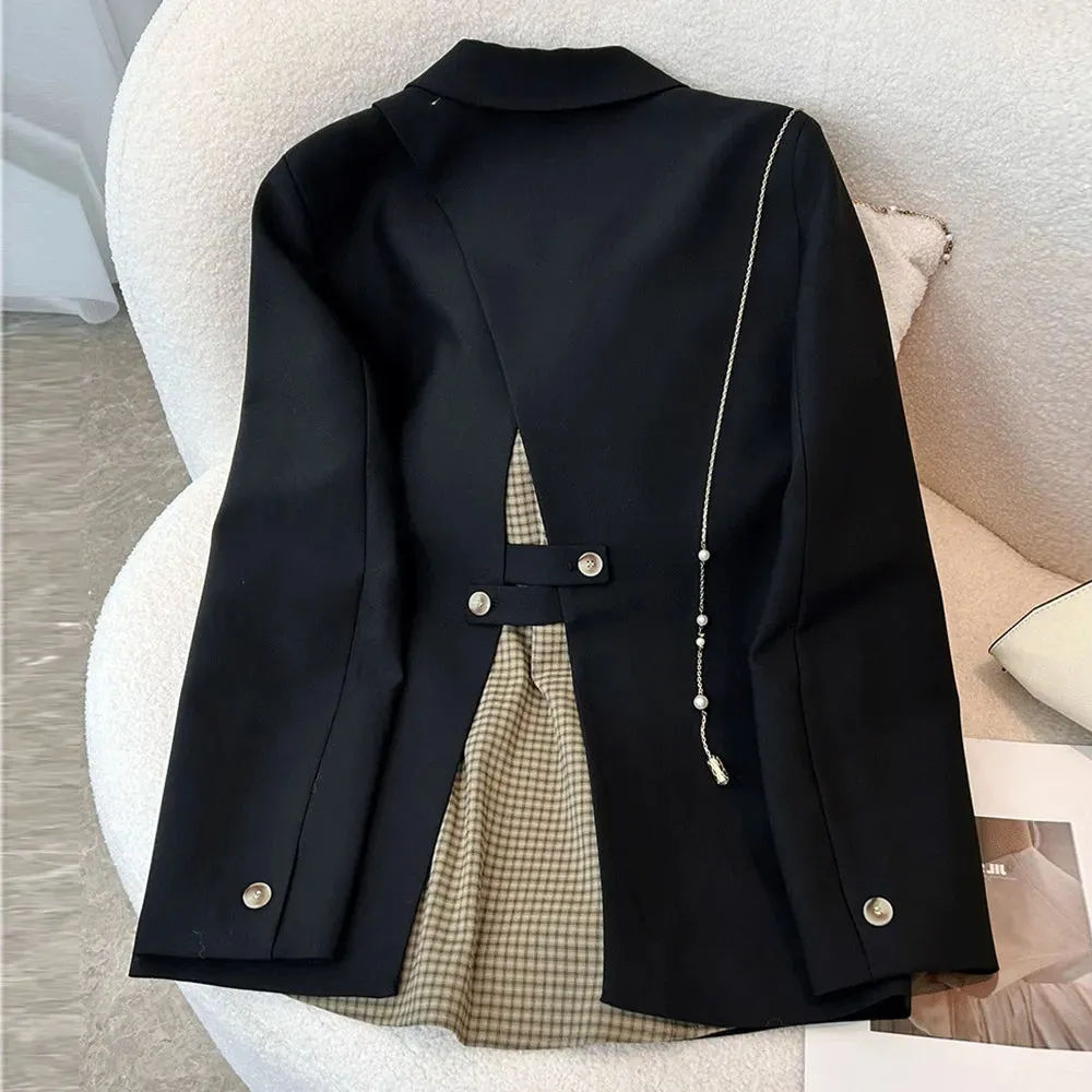 Patchwork Button Blazers For Women Notched Collar Long Sleeve Loose Casual Hit Color Blazer Female Fashion Clothing