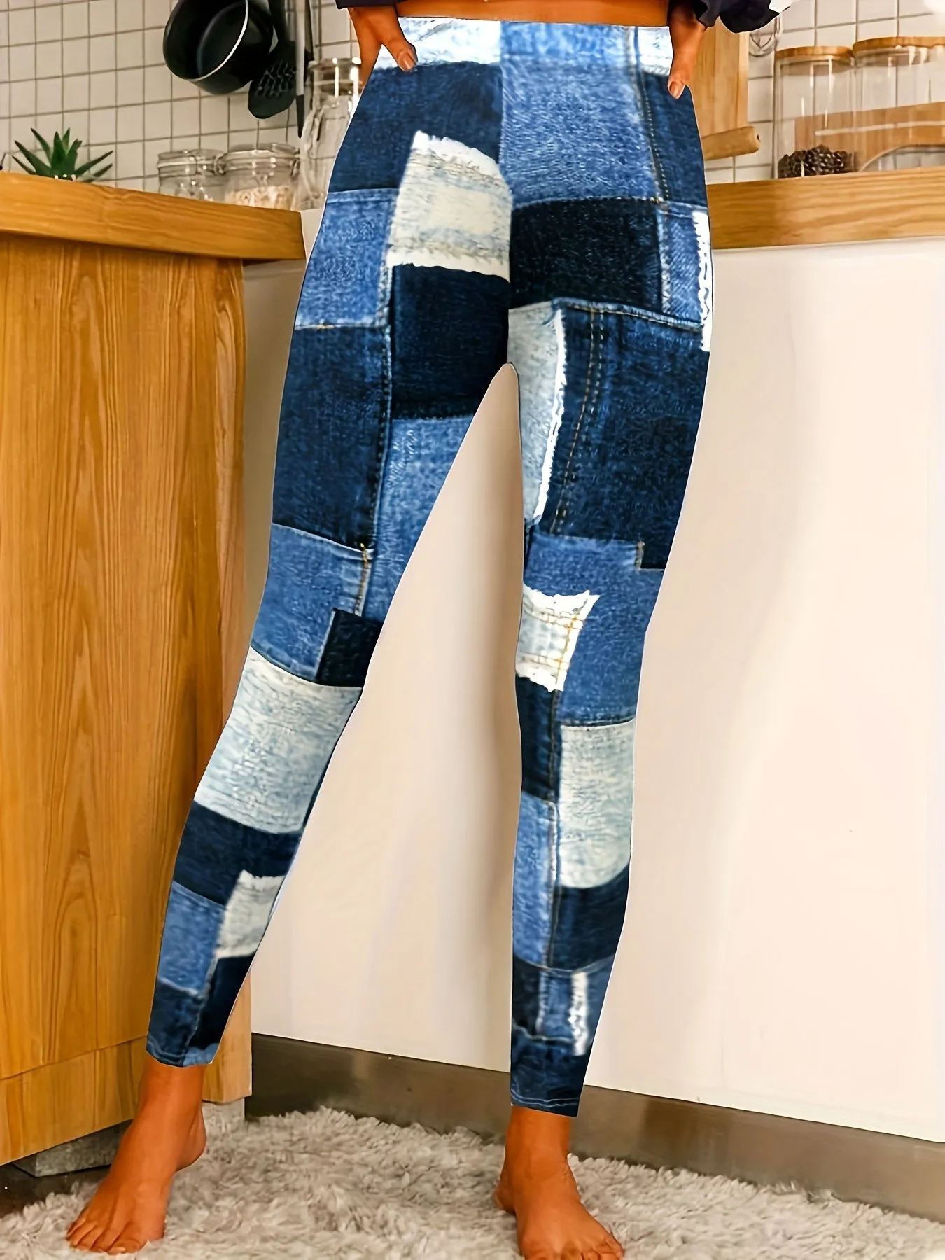 Patchwork Skinny Leggings Comfortable Elastic Waist Womens Stretch Leggings