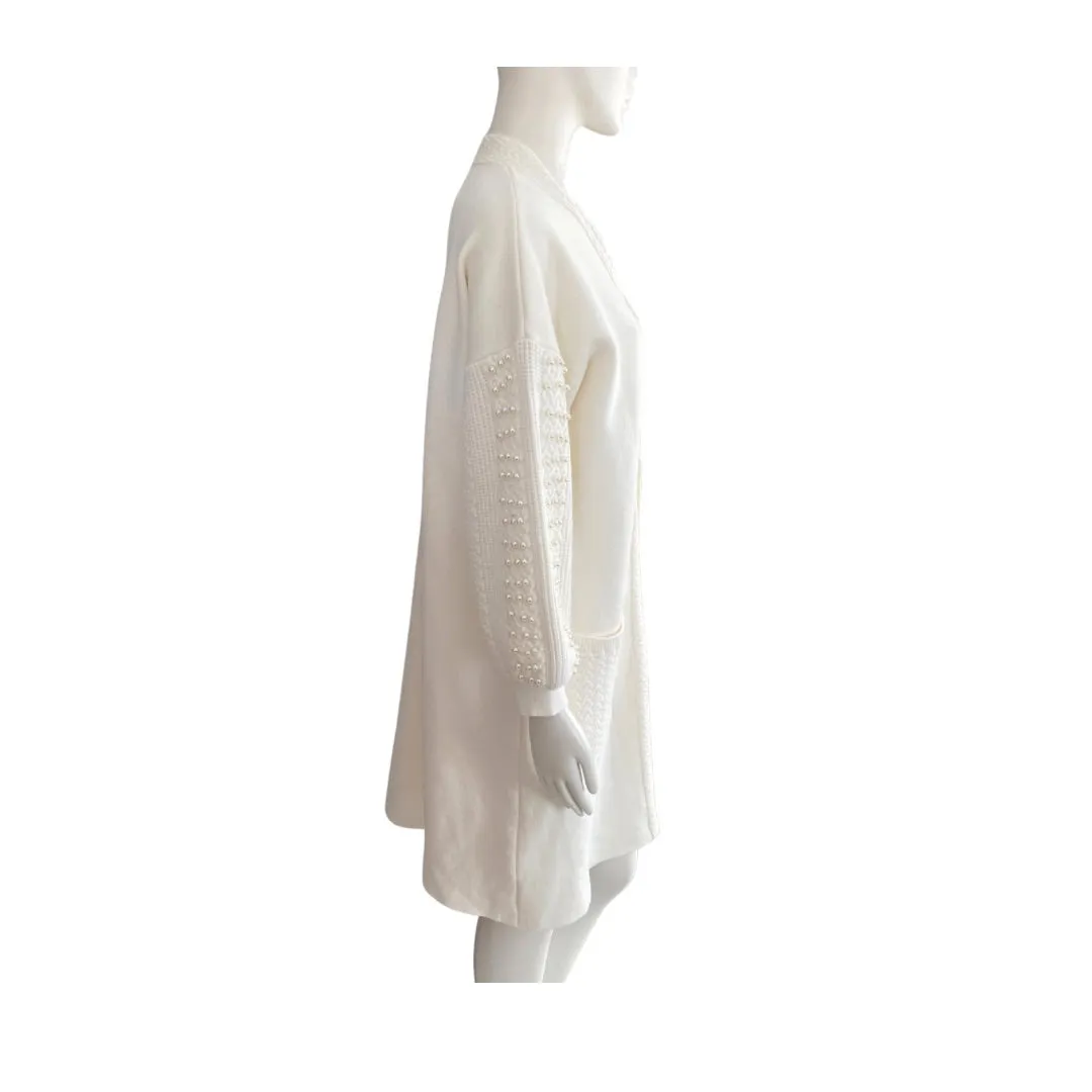 Pearl Sleeve Long Knit Cardigan Cream SIZE XL