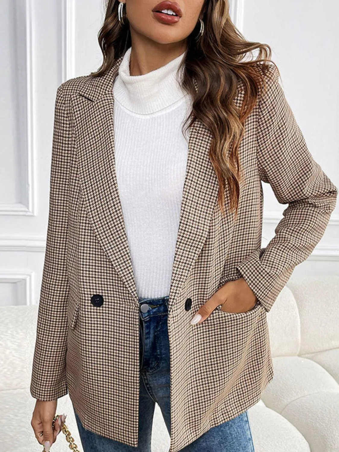 Perfee Plaid Lapel Collar Long Sleeve Blazer