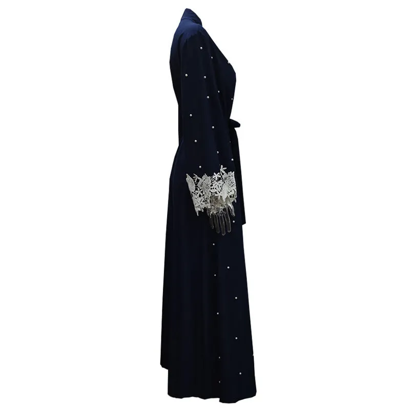 Plus Size Robe Malaysia Abaya Dubai Kaftan Women Beading Pearl Lace Kimono Cardigan Muslim Hijab Dress Turkish Islamic Clothing