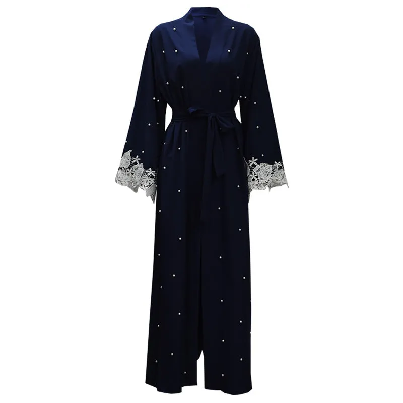 Plus Size Robe Malaysia Abaya Dubai Kaftan Women Beading Pearl Lace Kimono Cardigan Muslim Hijab Dress Turkish Islamic Clothing