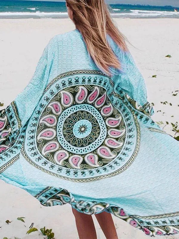 Print Loose Long Cardigan Cover-Up Swimsuit Coat