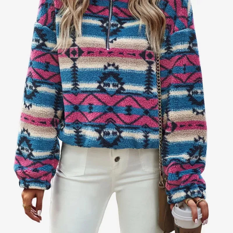 Quarter Zip Cropped Fleece Jacket High Pile Aztec Printed Navy Fleece Jacket