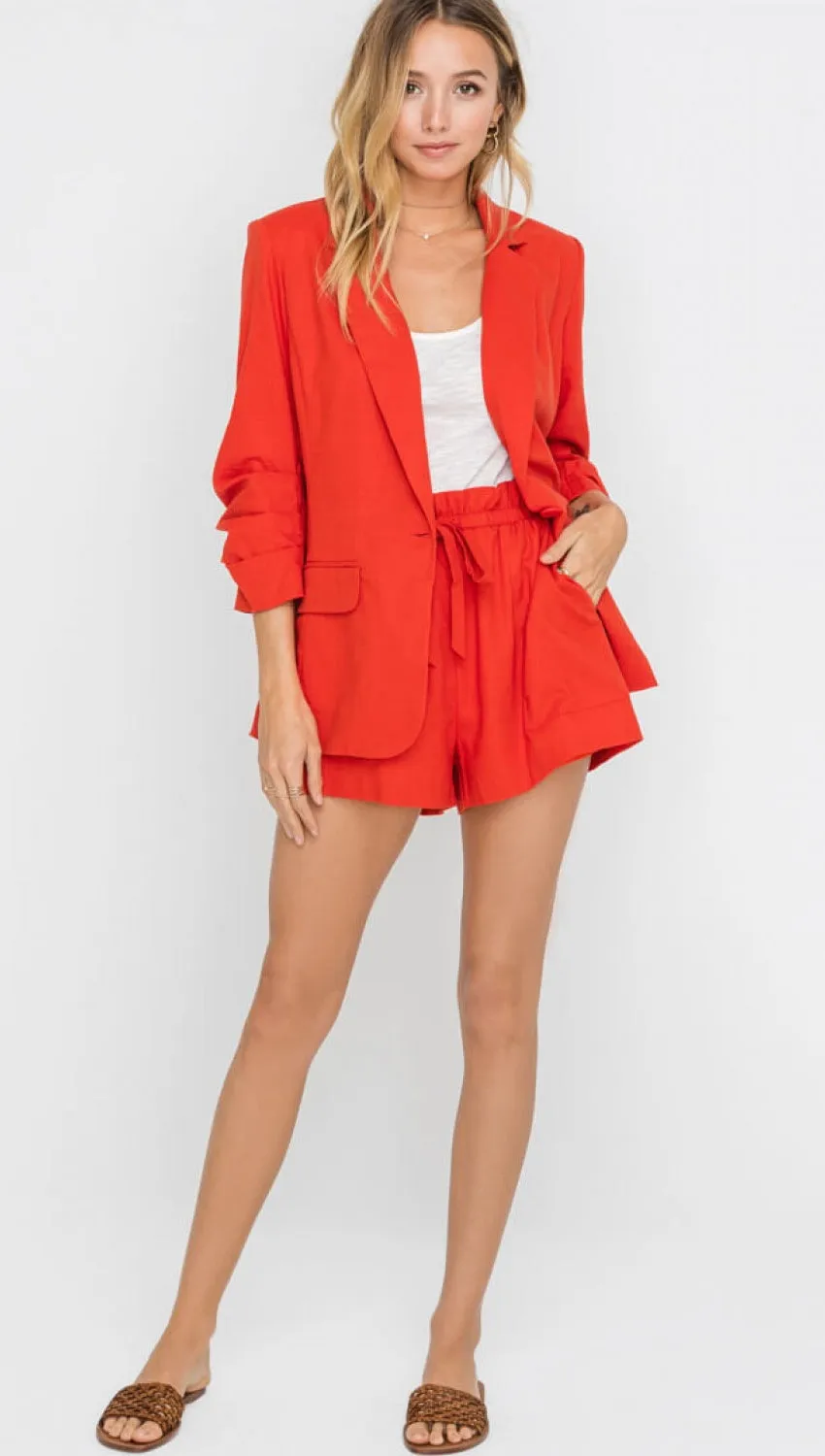 Resort Boss Ruched Sleeve Linen Blazer Red