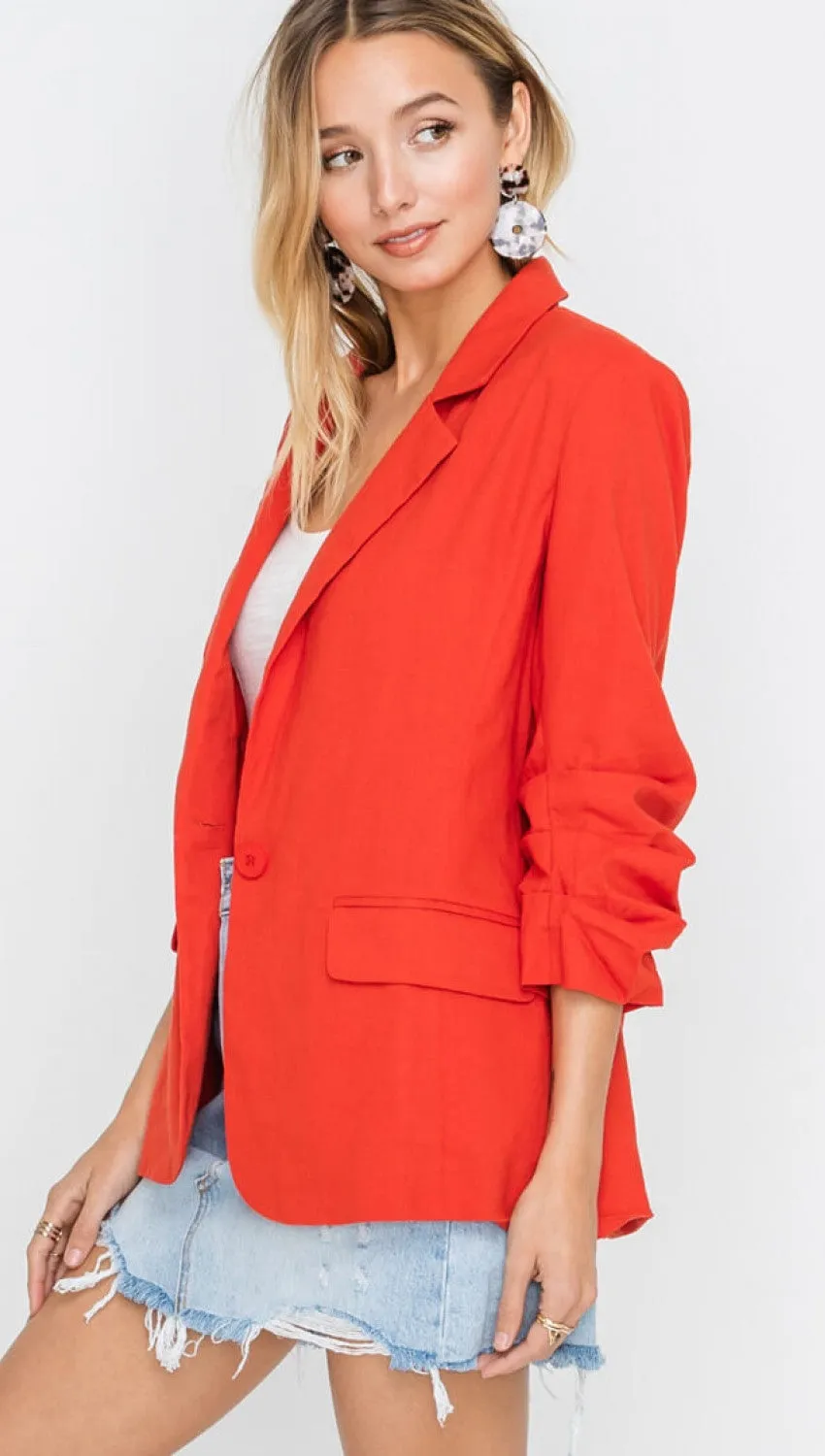 Resort Boss Ruched Sleeve Linen Blazer Red