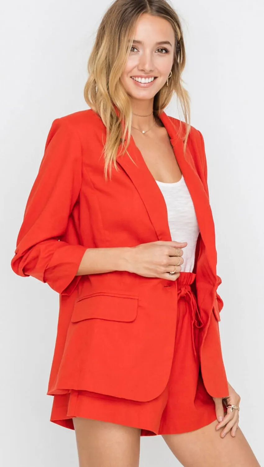 Resort Boss Ruched Sleeve Linen Blazer Red