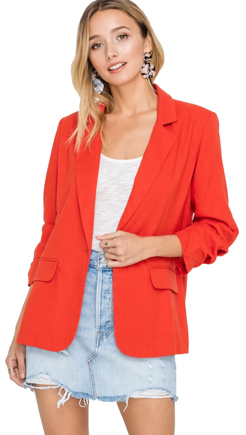 Resort Boss Ruched Sleeve Linen Blazer Red