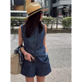 Retro Blue Linen Denim Suit Women's  Summer Hong Kong Style Casual Sleeveless Vest Cardigan Shorts Fashion Two-Piece Suit