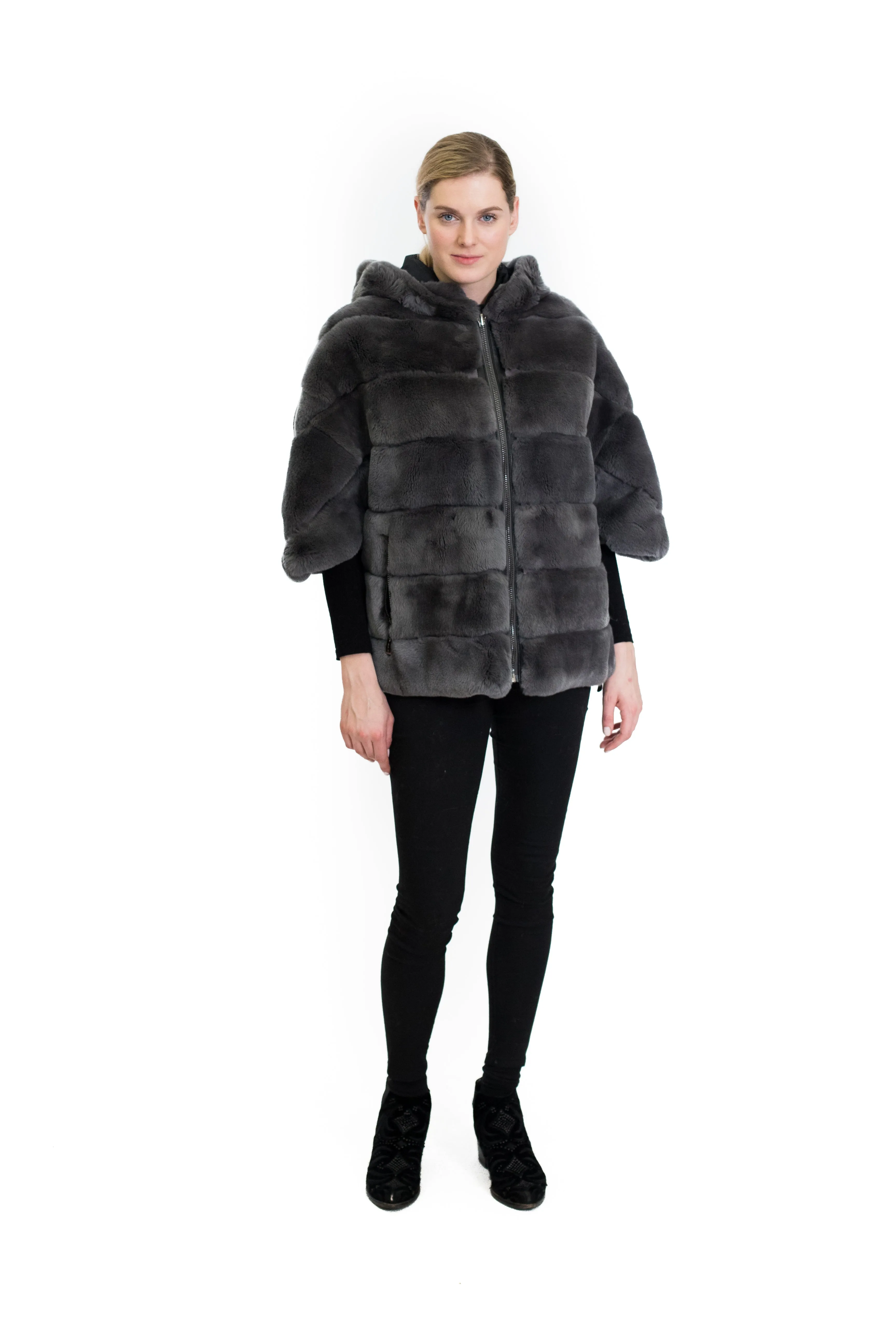 Rex Rabbit Cape Coat with Hood and Side Zipper Detail