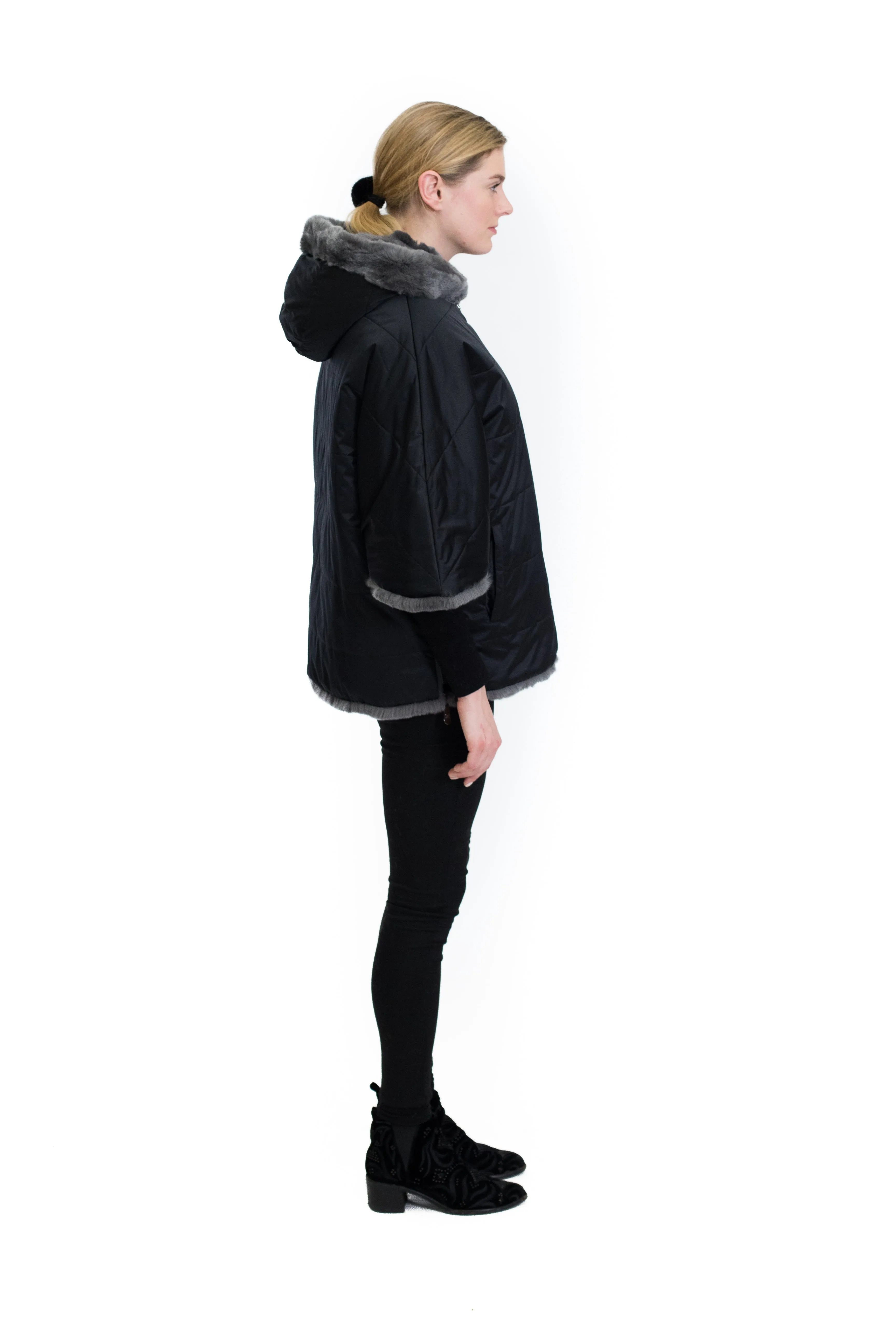 Rex Rabbit Cape Coat with Hood and Side Zipper Detail