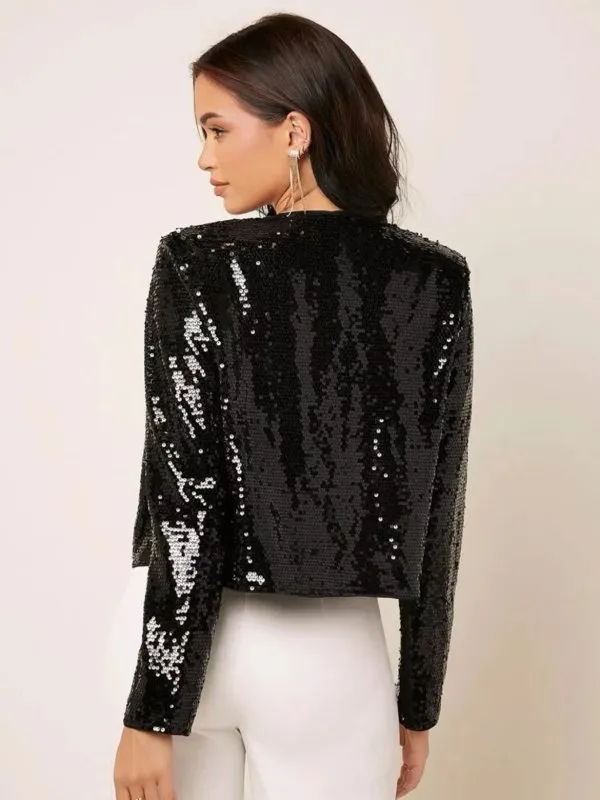 Round Neck Long Sleeve Solid Cardigan Casual Versatile Sequin Coat