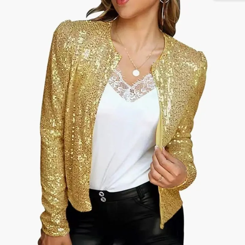 Round Neck Long Sleeve Solid Cardigan Casual Versatile Sequin Coat