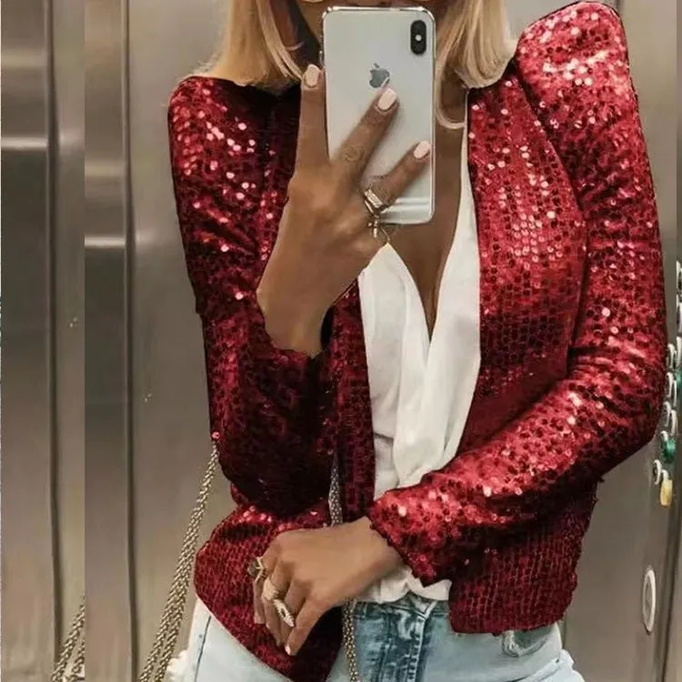 Round Neck Long Sleeve Solid Cardigan Casual Versatile Sequin Coat