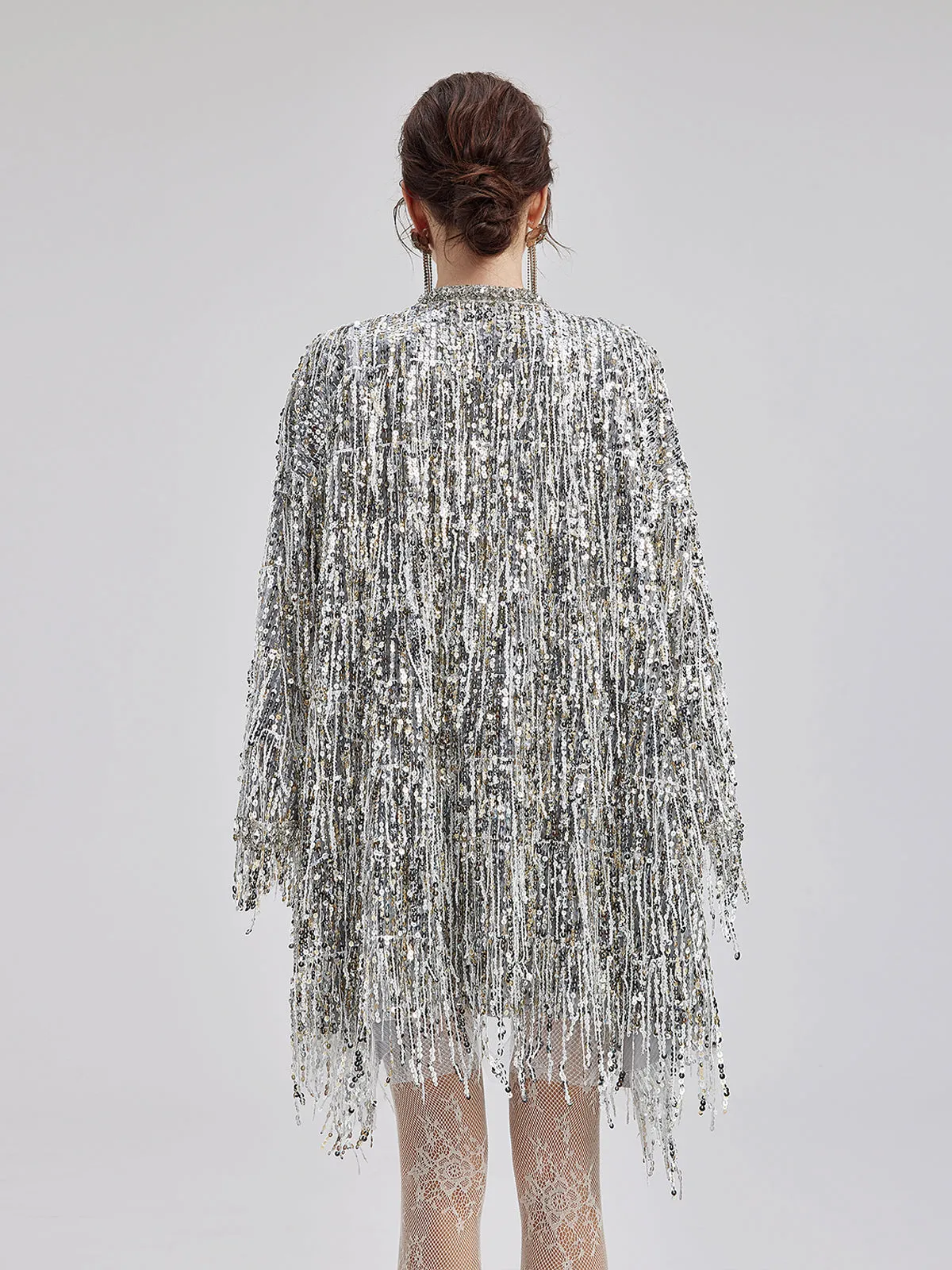 Sequin Beaded Tassel Cape Coat