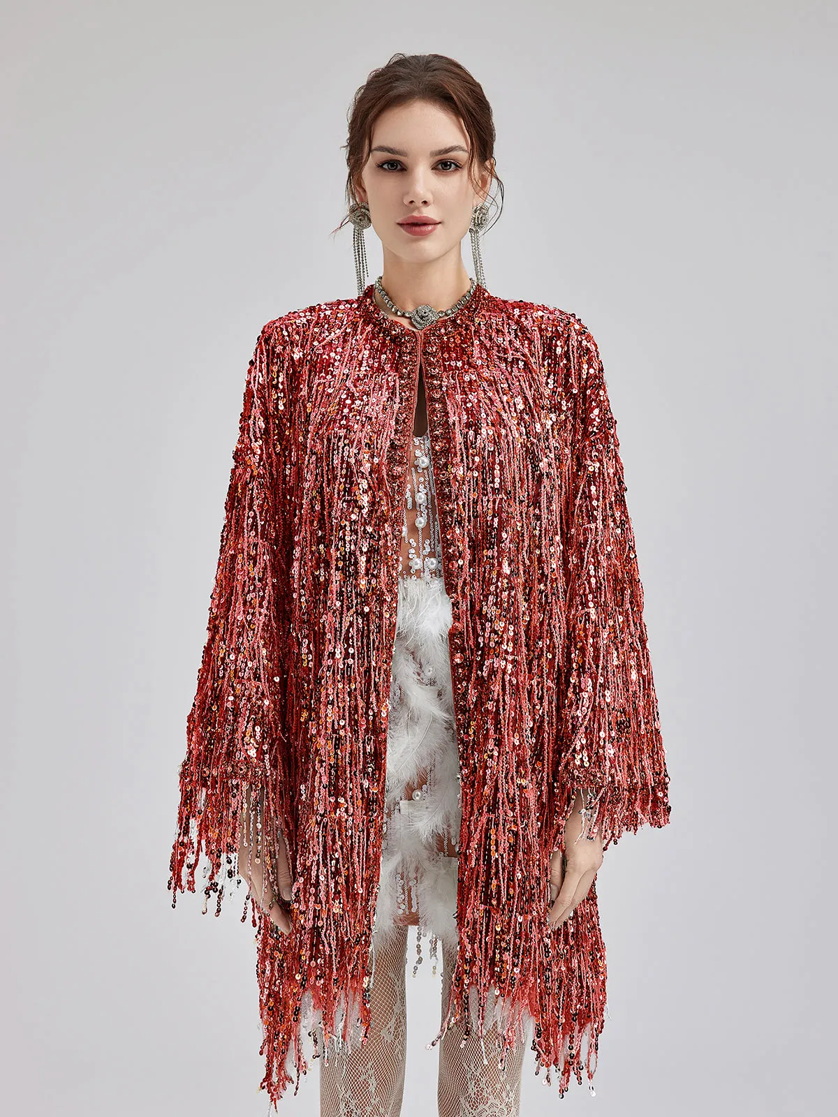 Sequin Beaded Tassel Cape Coat