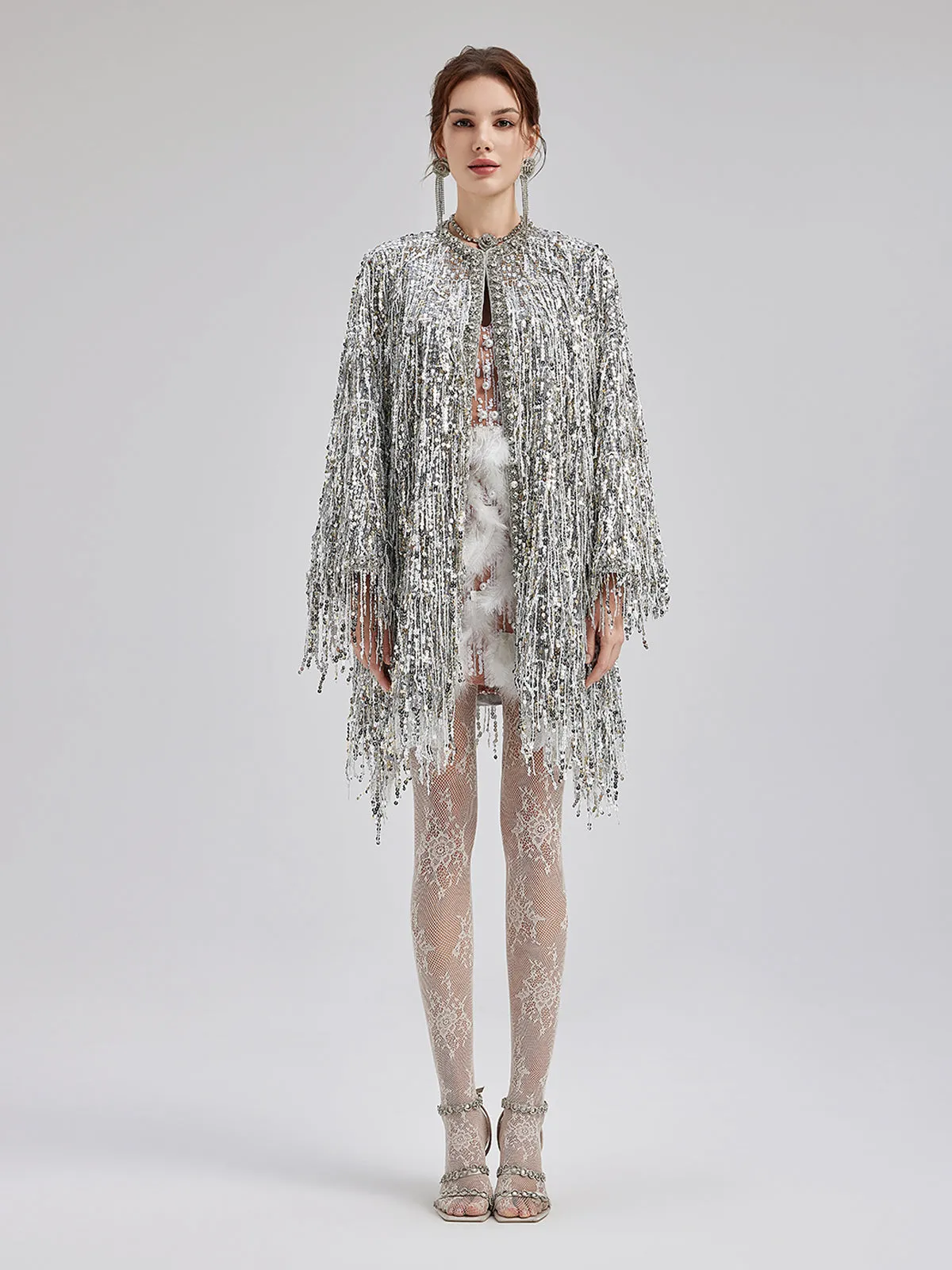 Sequin Beaded Tassel Cape Coat