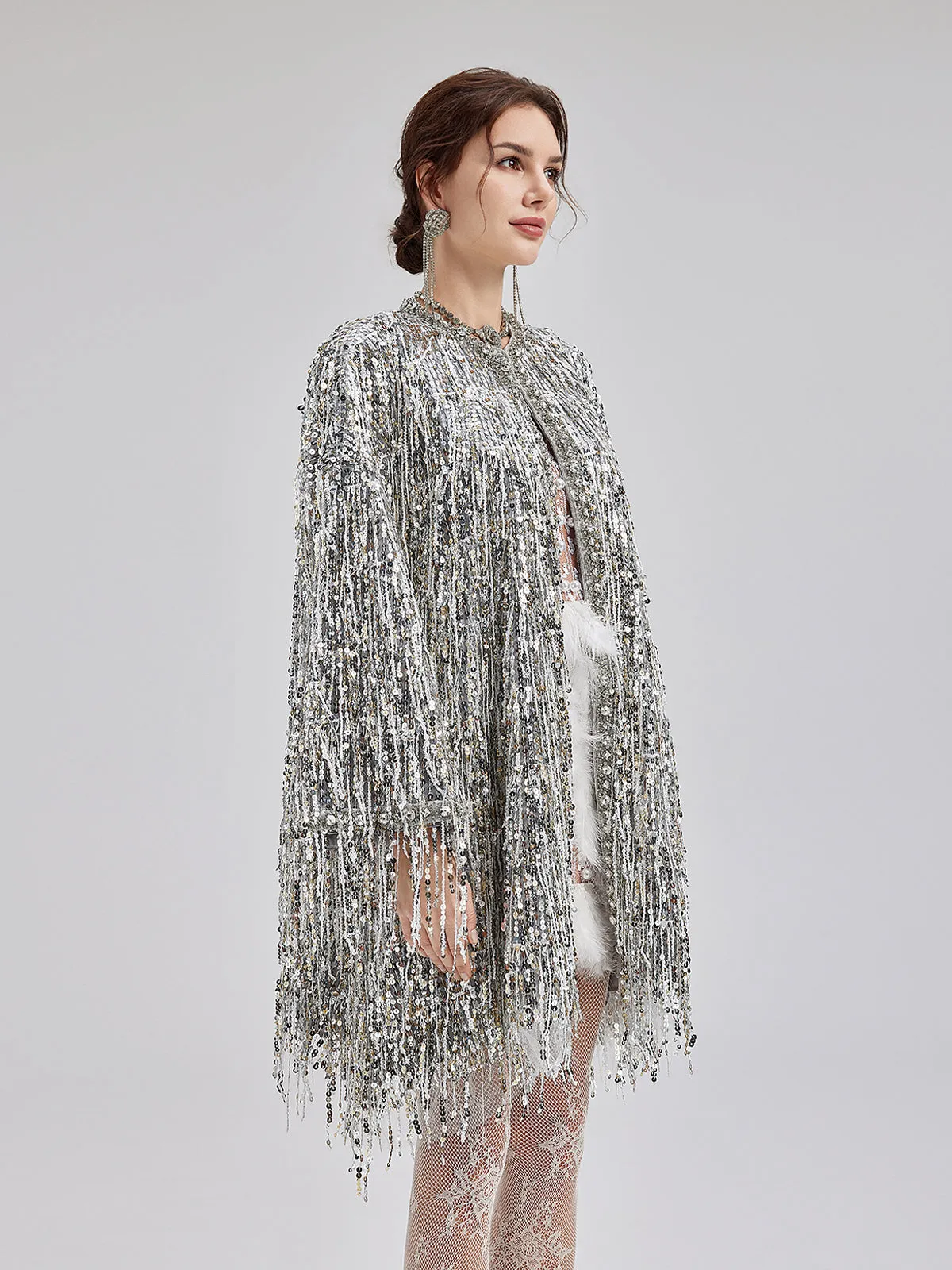 Sequin Beaded Tassel Cape Coat