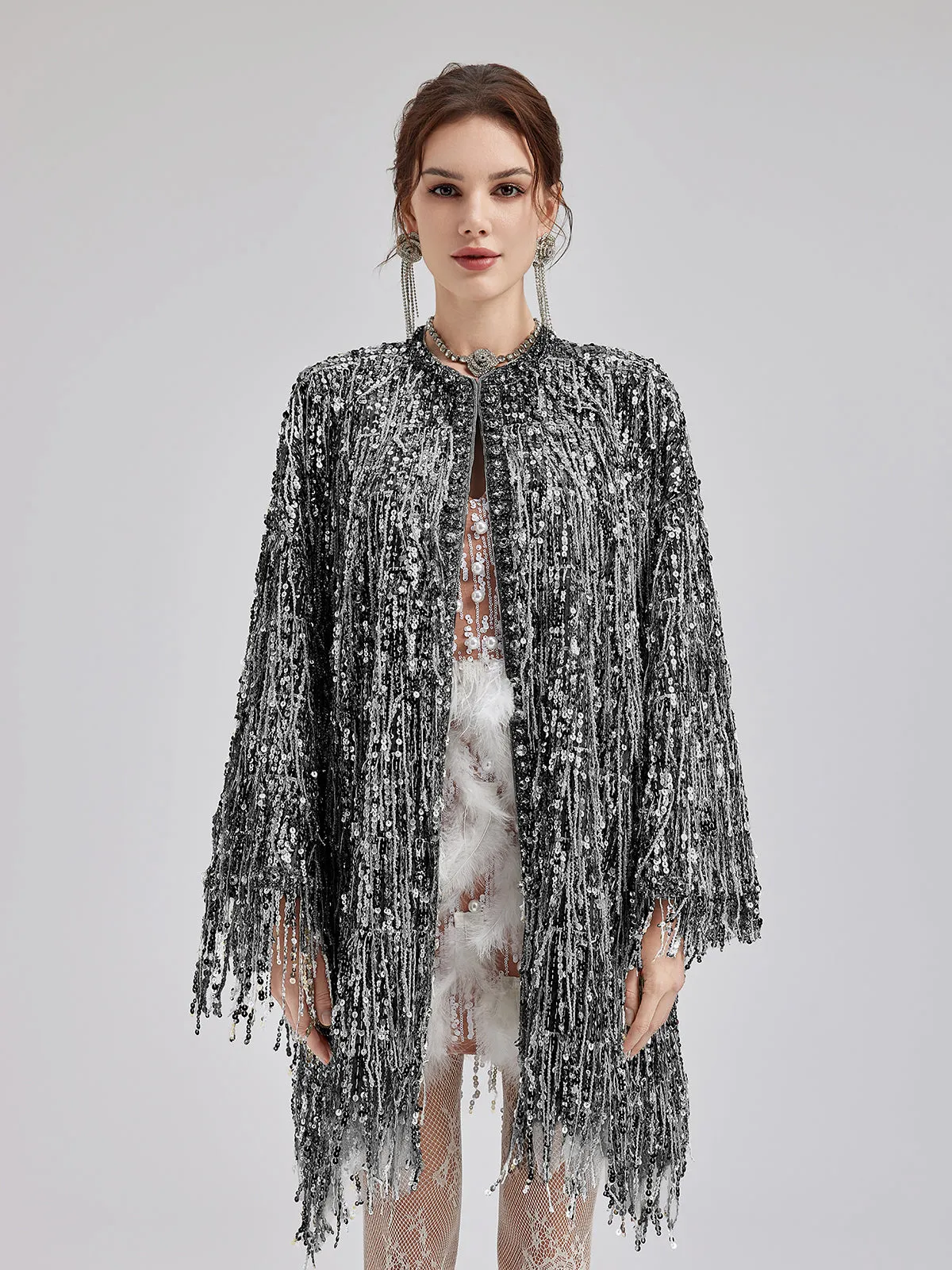 Sequin Beaded Tassel Cape Coat