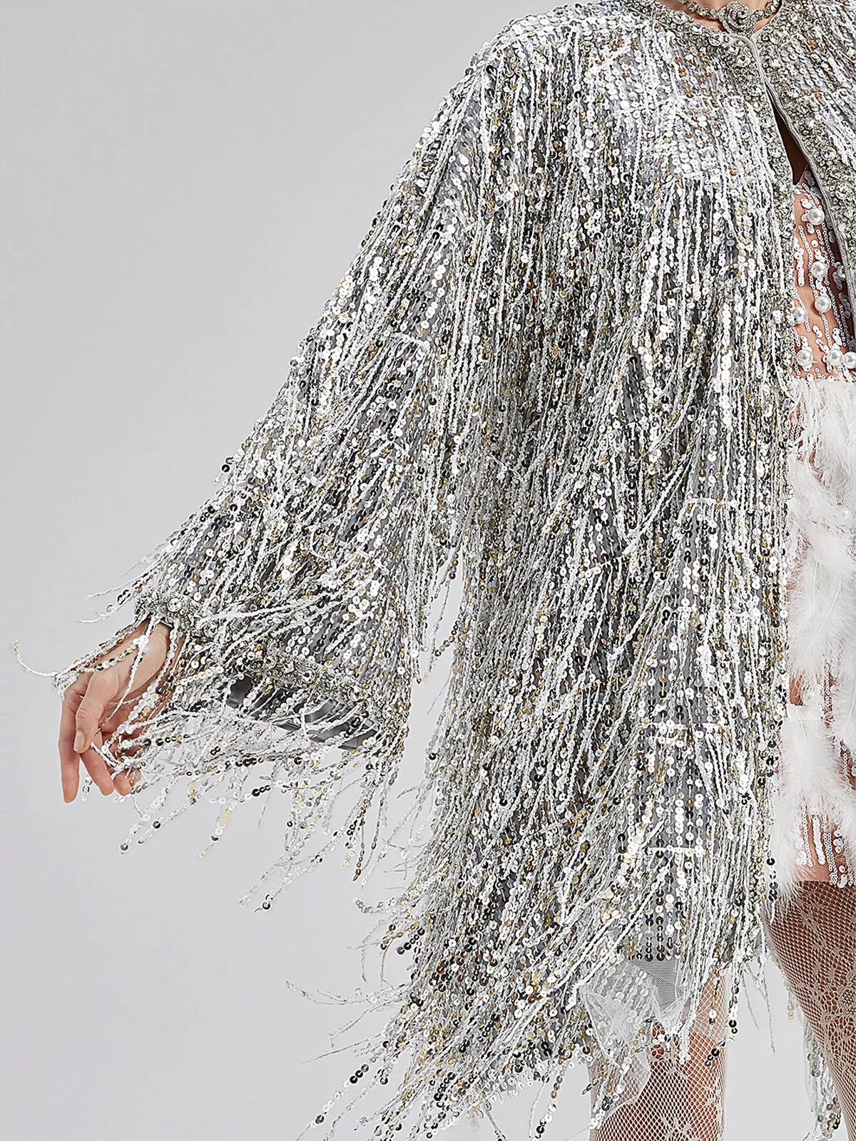 Sequin Beaded Tassel Cape Coat