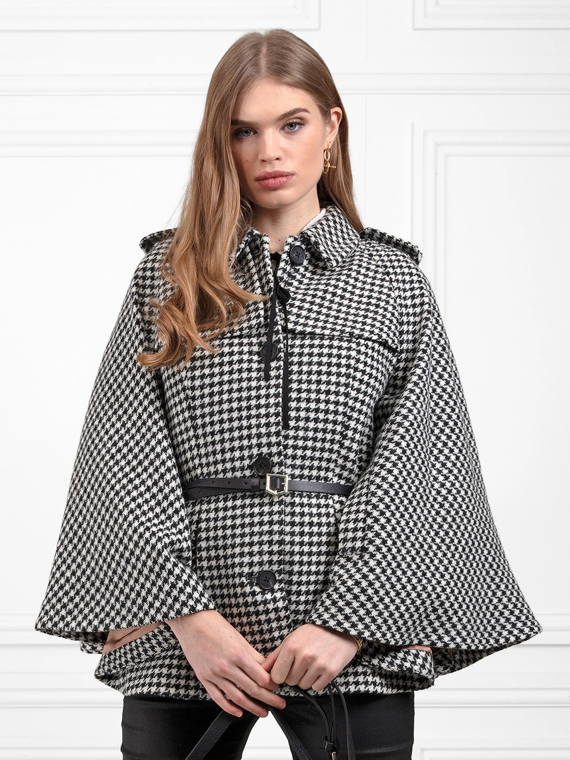 Sienna Wool Cape - Monochrome Houndstooth