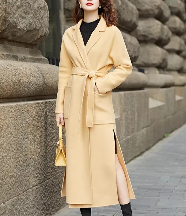 Slit Waist Belt Wool Coat, Handmade Long Warm Women Wool Coat Jacket/2662